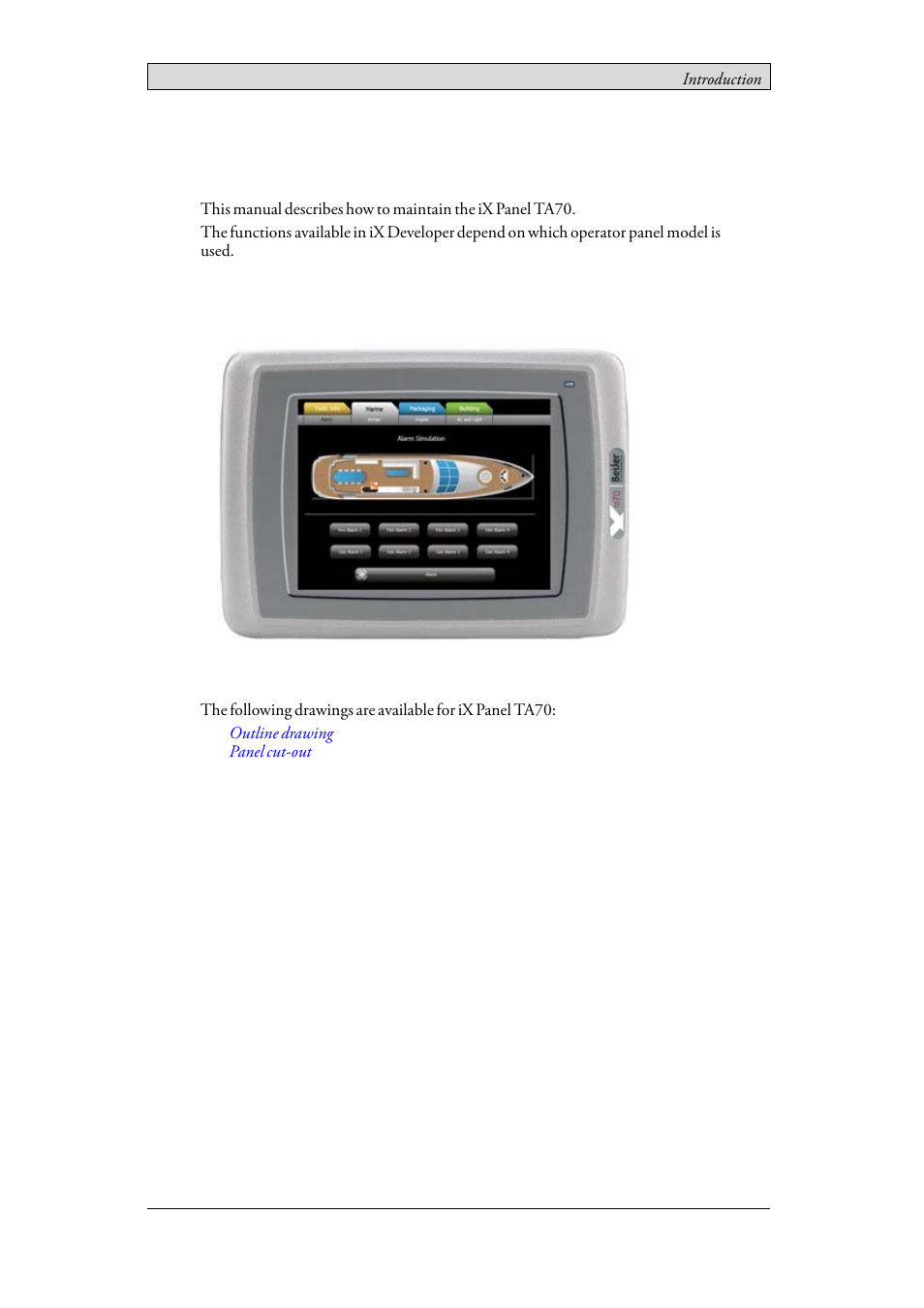 2 introduction, 1 ix panel ta70, Ix panel ta70 | 2introduction | Beijer Electronics iX Panel TA70 EN User Manual | Page 7 / 45