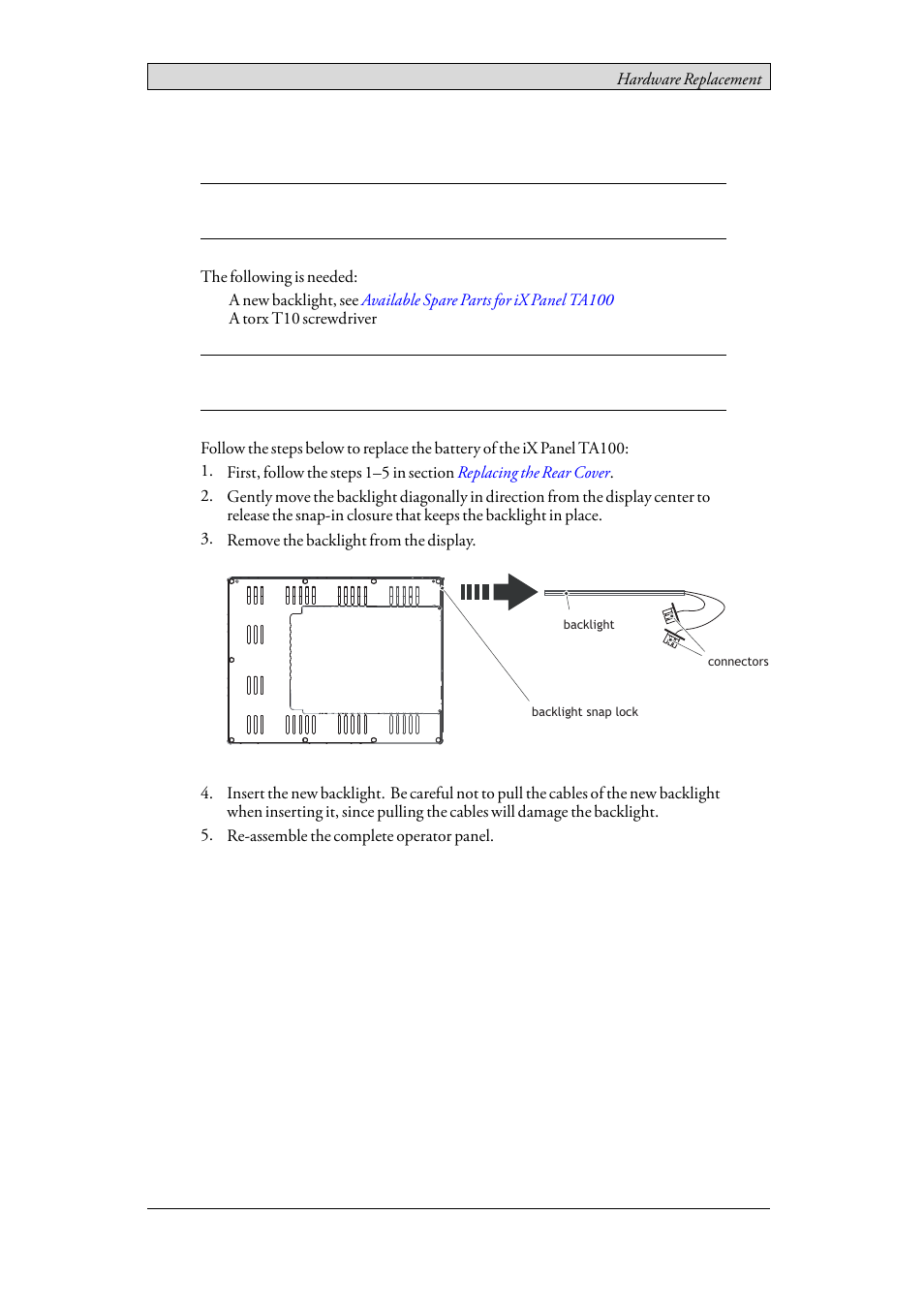 6 replacing the backlight, Replacing the backlight | Beijer Electronics iX Panel TA100 EN User Manual | Page 25 / 45