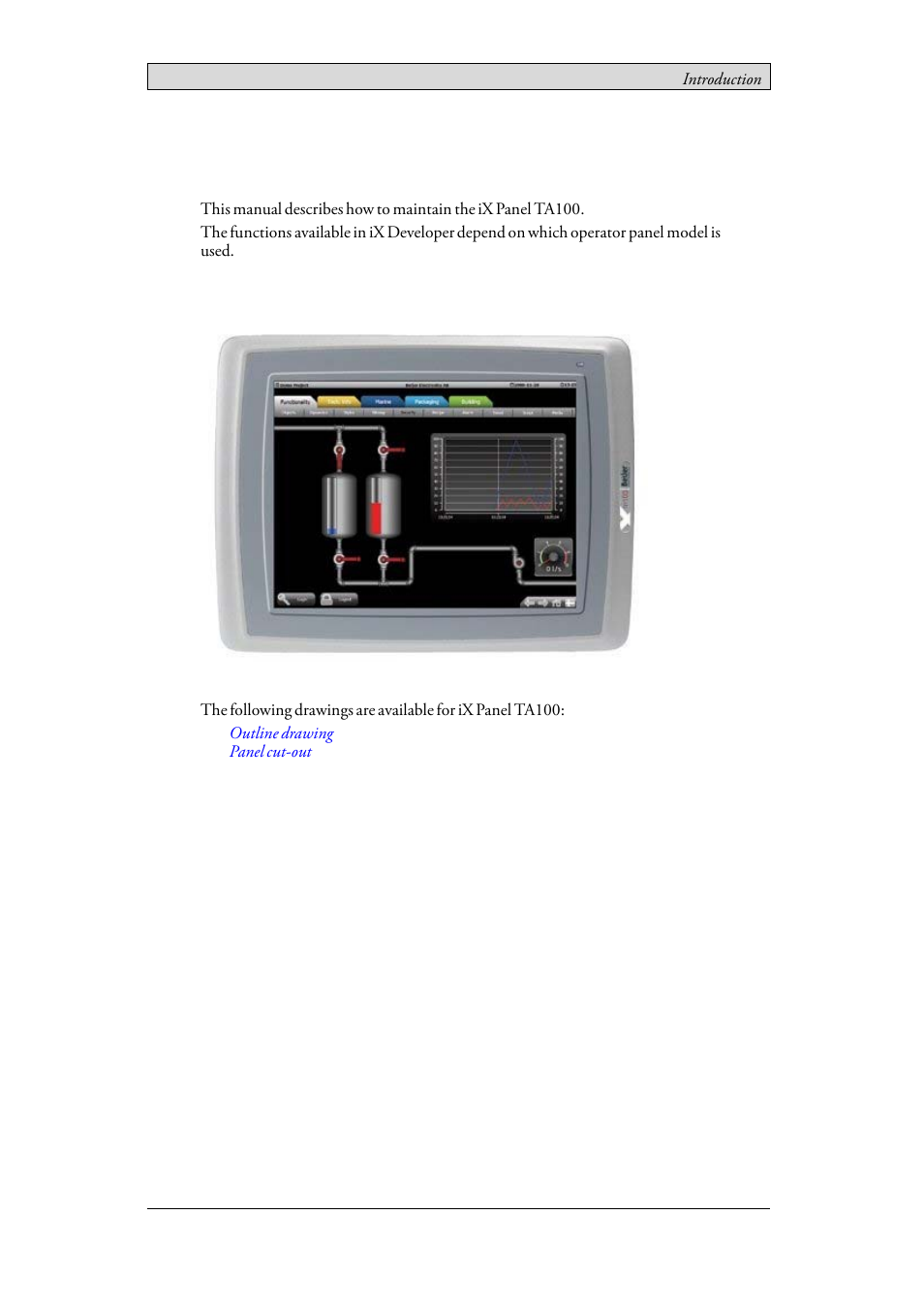 2 introduction, 1 ix panel ta100, Ix panel ta100 | 2introduction | Beijer Electronics iX Panel TA100 EN User Manual | Page 7 / 45