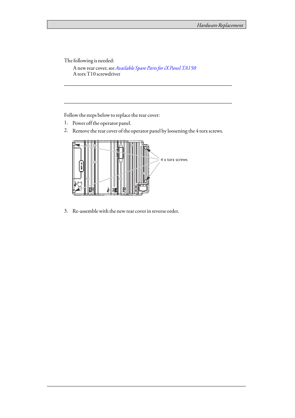 3 replacing the rear cover, Replacing the rear cover | Beijer Electronics iX Panel TA150 EN User Manual | Page 21 / 45