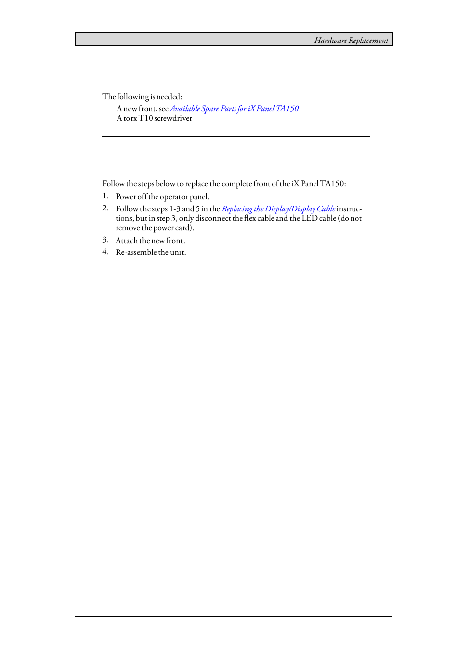 5 replacing the complete front, Replacing the complete front | Beijer Electronics iX Panel TA150 EN User Manual | Page 24 / 45