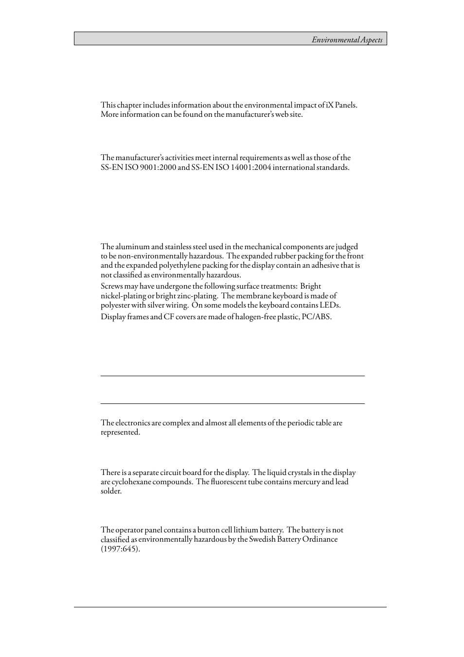 13 environmental aspects, 1 general environmental aspects, 2 environmental impact of the operator panels | 1 mechanical components, 2 electronics, General environmental aspects, Environmental impact of the operator panels, Mechanical components, Electronics | Beijer Electronics iX Panel TA150 EN User Manual | Page 43 / 45