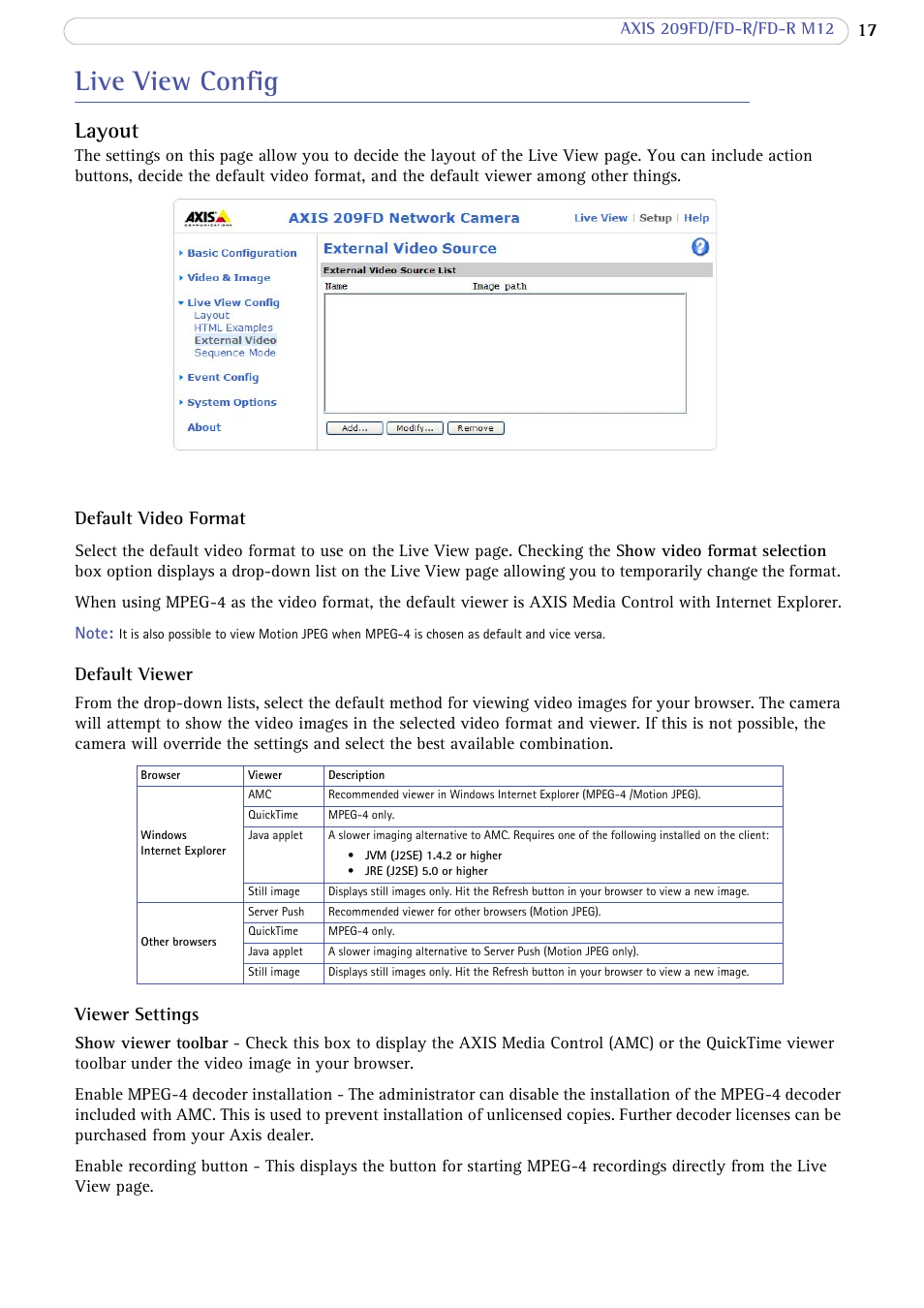 Live view config, Layout, Default video format | Default viewer, Viewer settings | Axis Communications AXIS FD-R M12 User Manual | Page 17 / 46