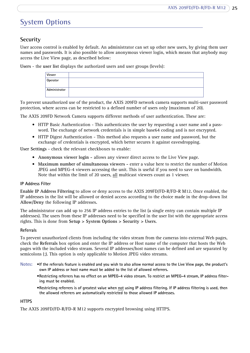 System options, Security | Axis Communications AXIS FD-R M12 User Manual | Page 25 / 46