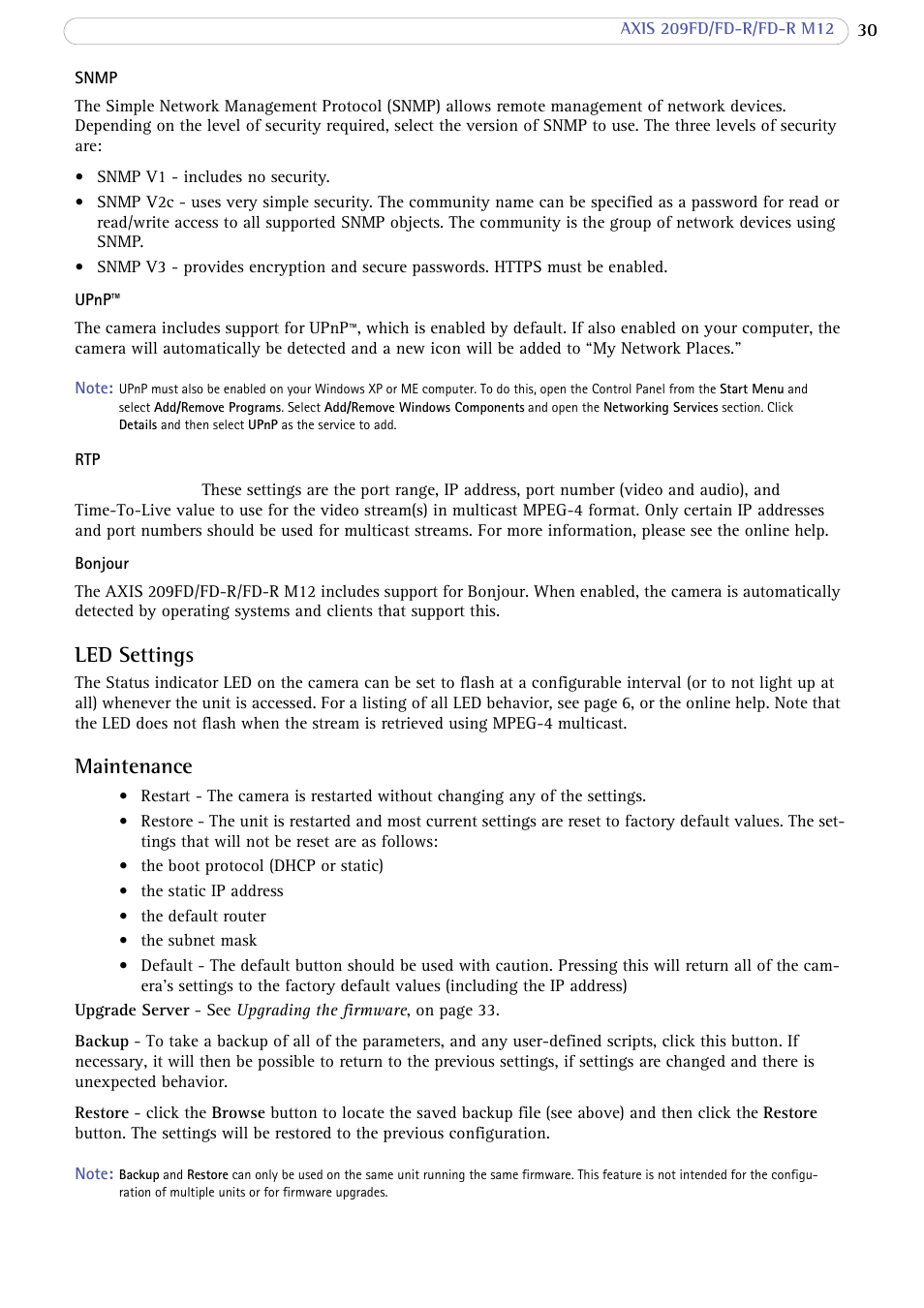 Led settings, Maintenance | Axis Communications AXIS FD-R M12 User Manual | Page 30 / 46
