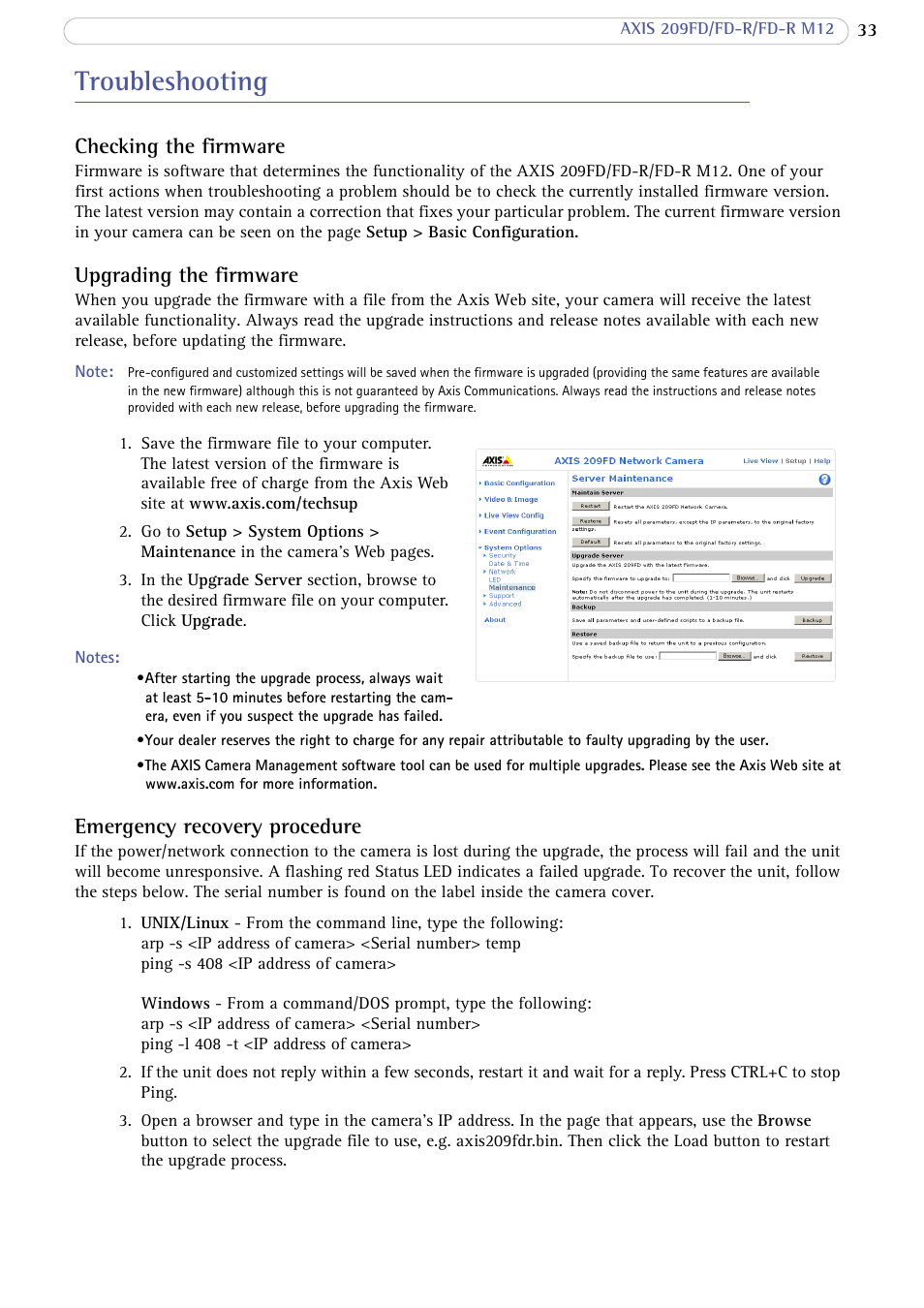 Troubleshooting, Checking the firmware, Upgrading the firmware | Emergency recovery procedure | Axis Communications AXIS FD-R M12 User Manual | Page 33 / 46