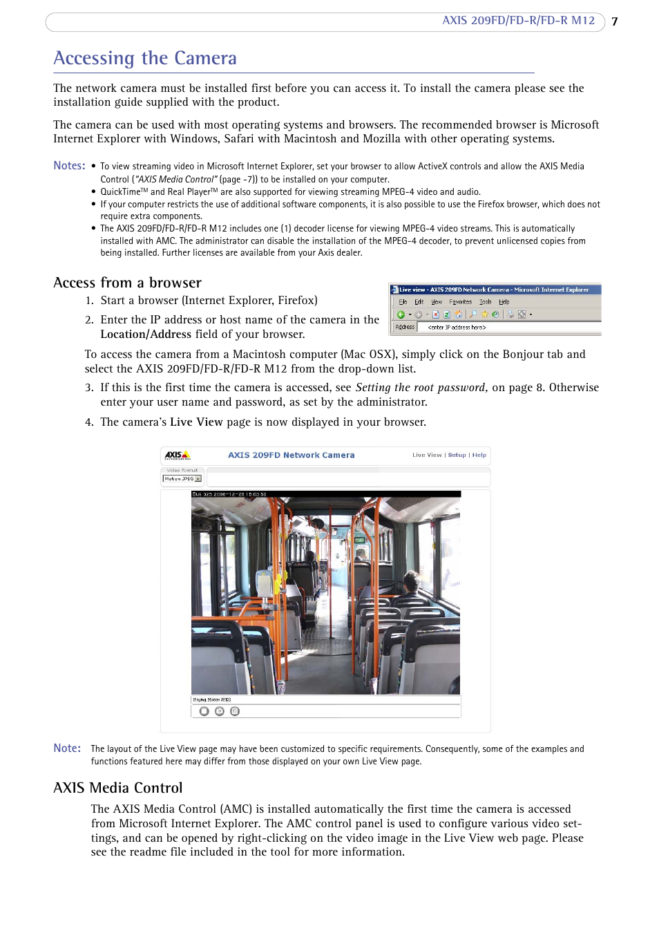 Accessing the camera, Access from a browser, Axis media control | Axis Communications AXIS FD-R M12 User Manual | Page 7 / 46