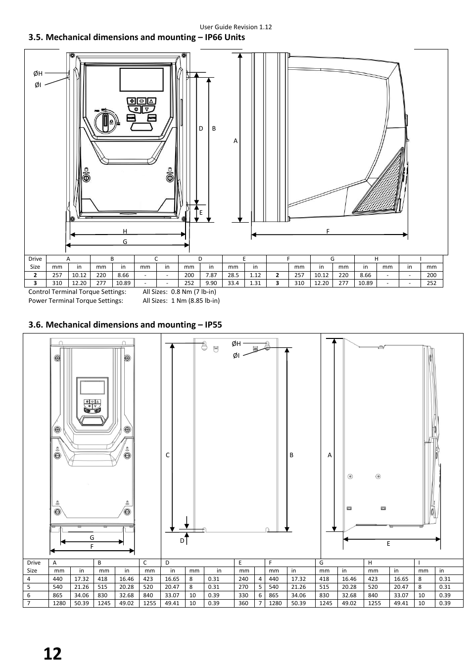 Mechanical dimensions and mounting – ip66 units, Mechanical dimensions and mounting – ip55 | Beijer Electronics BFI-H2 V1.12 User Manual | Page 12 / 72