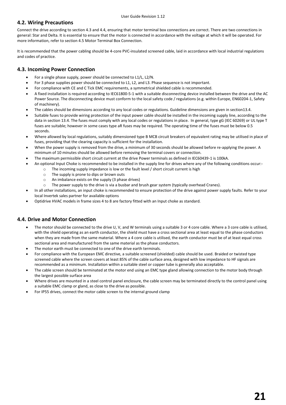 Wiring precautions, Incoming power connection, Drive and motor connection | Beijer Electronics BFI-H2 V1.12 User Manual | Page 21 / 72