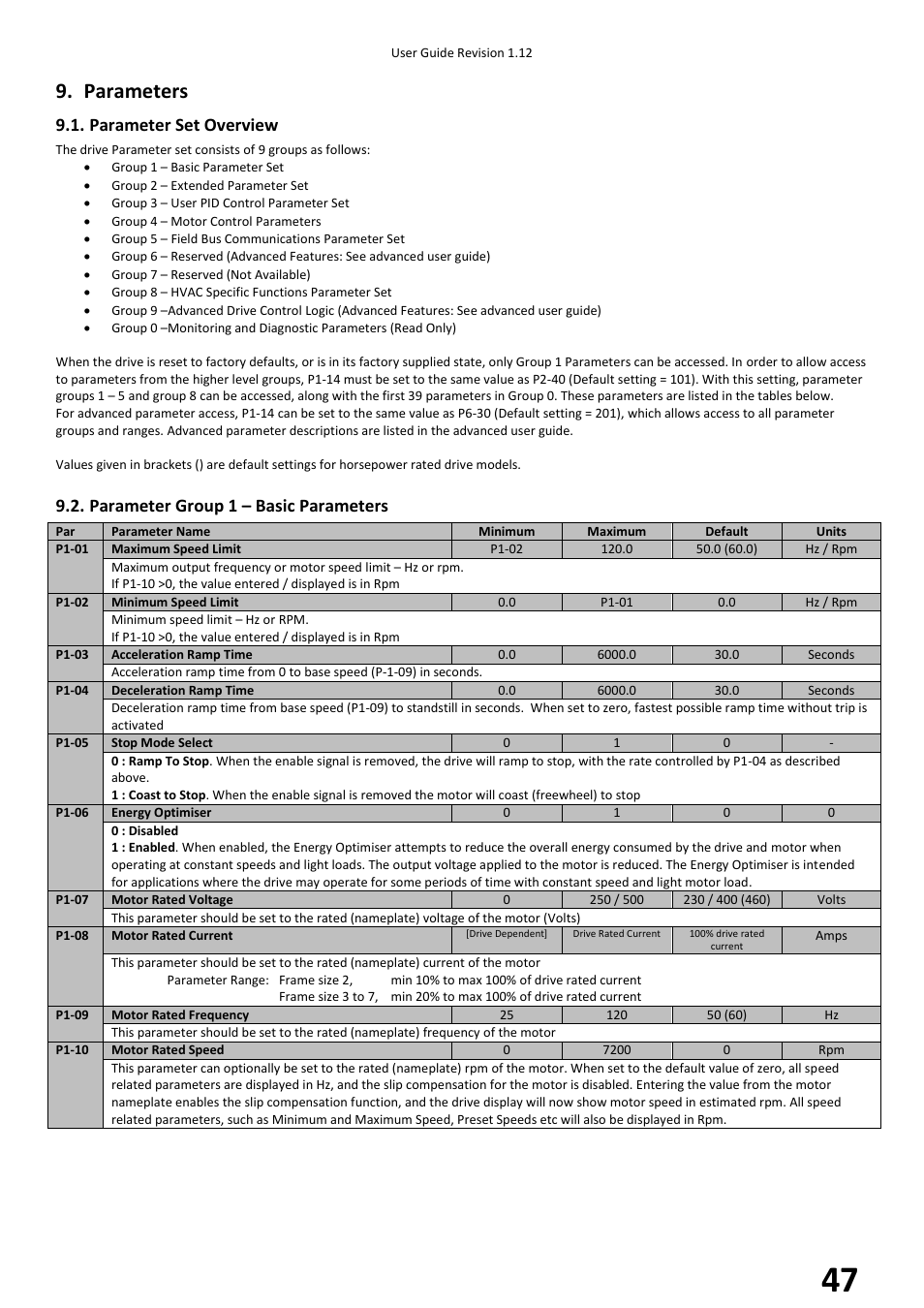 Parameters, Parameter set overview, Parameter group 1 – basic parameters | Beijer Electronics BFI-H2 V1.12 User Manual | Page 47 / 72