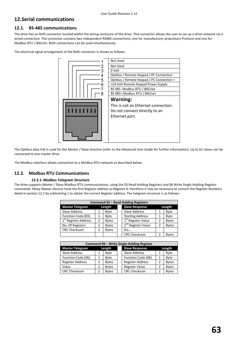 Serial communications, Rs-485 communications, Modbus rtu communications | Warning | Beijer Electronics BFI-H2 V1.12 User Manual | Page 63 / 72