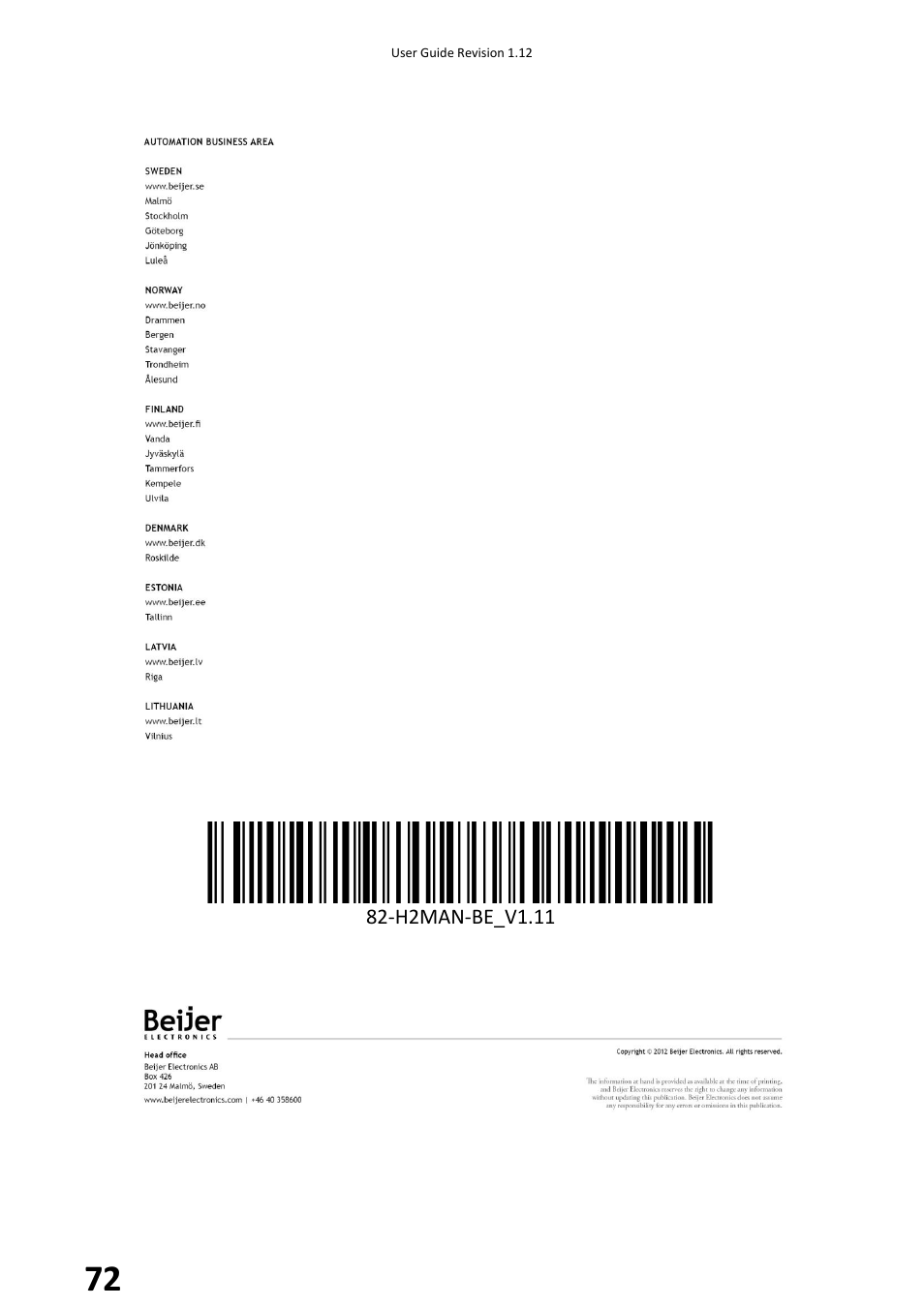 Beijer Electronics BFI-H2 V1.12 User Manual | Page 72 / 72