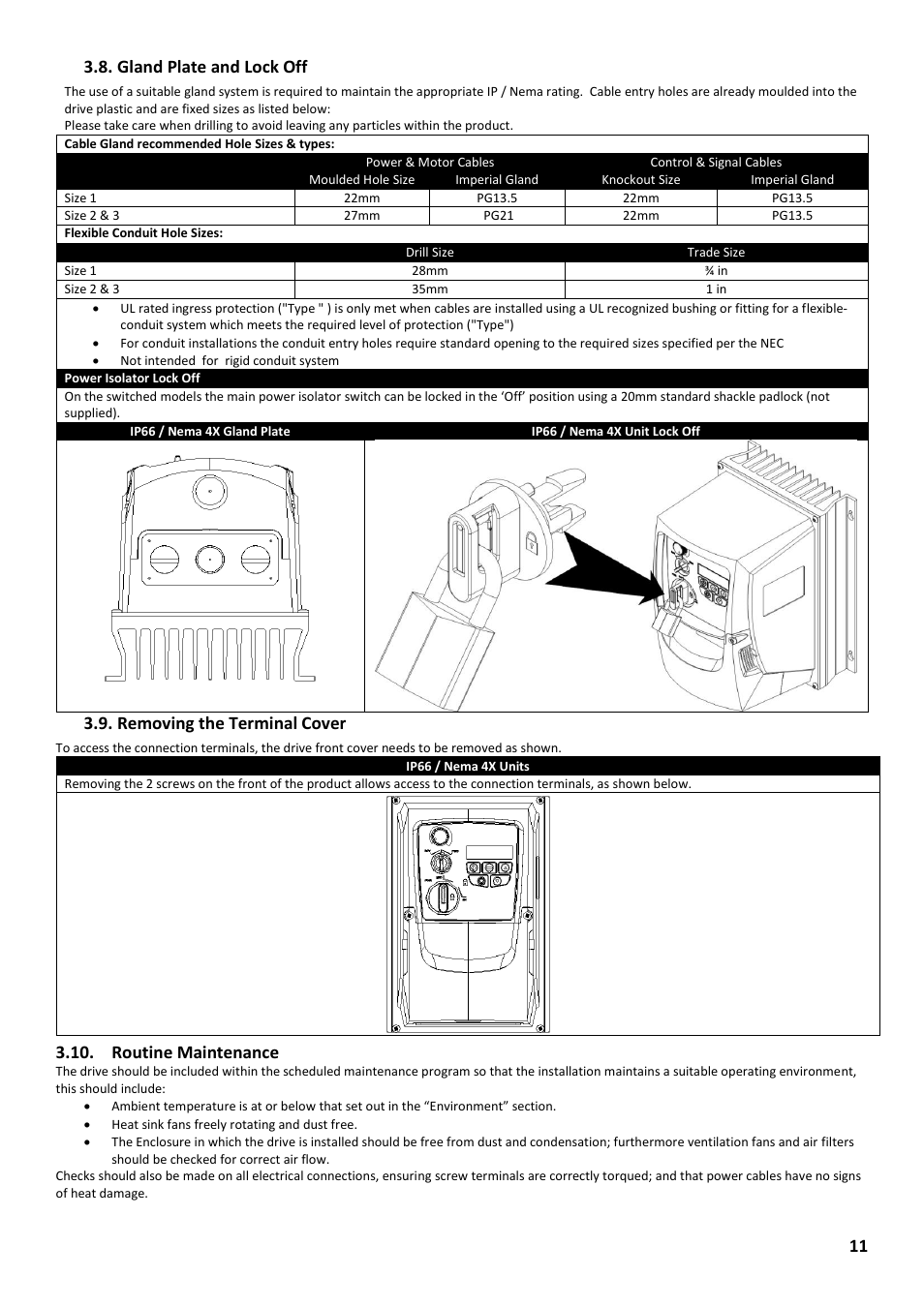Gland plate and lock off, Removing the terminal cover, Routine maintenance | 11 3.8. gland plate and lock off | Beijer Electronics Industrial Inverter E2 User Manual | Page 11 / 32