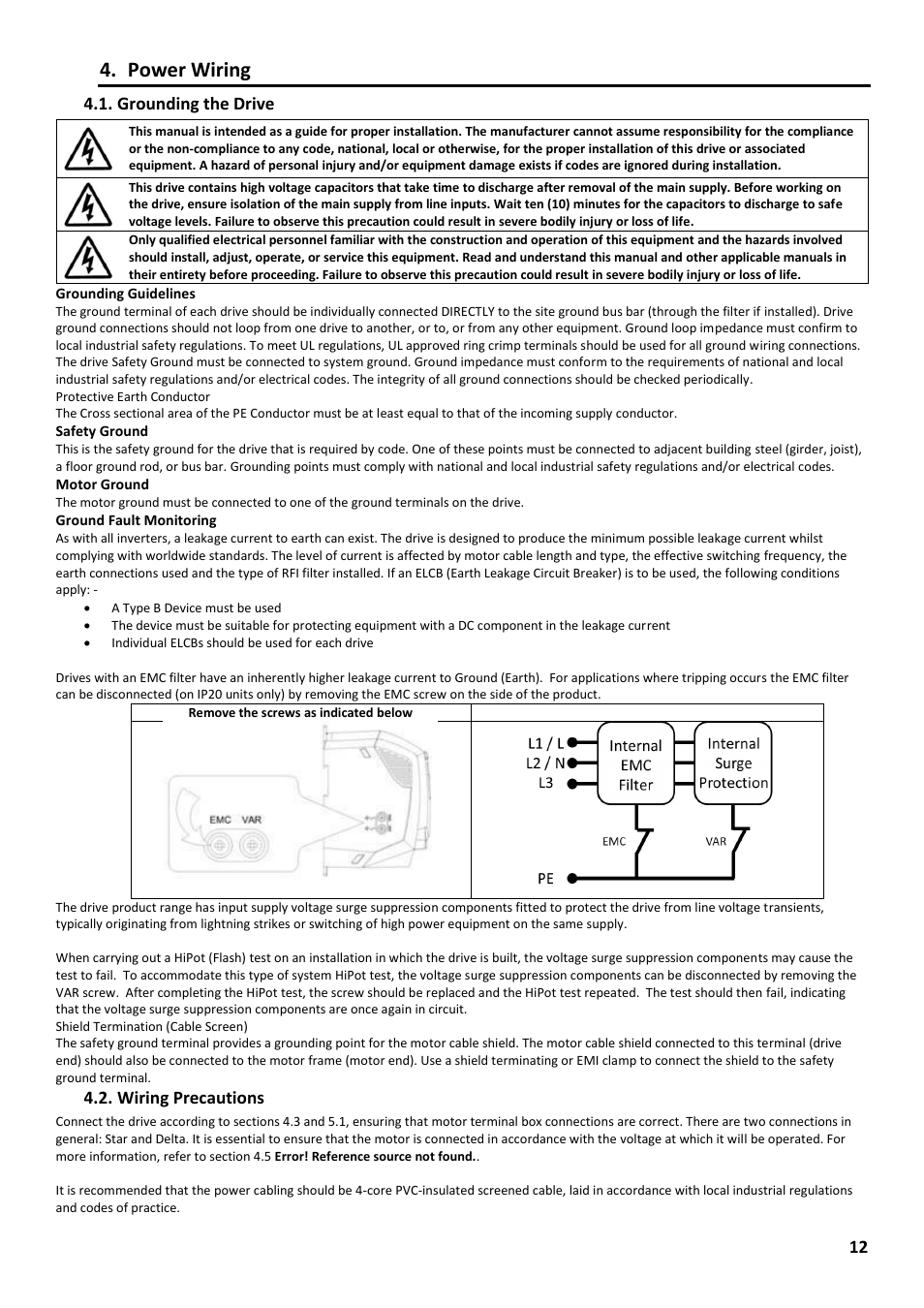 Power wiring, Grounding the drive, Wiring precautions | Beijer Electronics Industrial Inverter E2 User Manual | Page 12 / 32