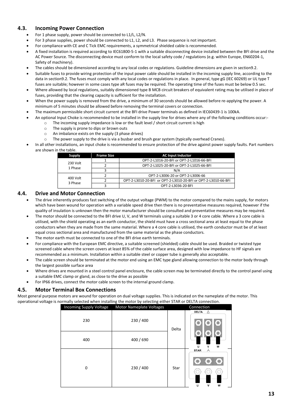 Incoming power connection, Drive and motor connection, Motor terminal box connections | Beijer Electronics Industrial Inverter E2 User Manual | Page 13 / 32