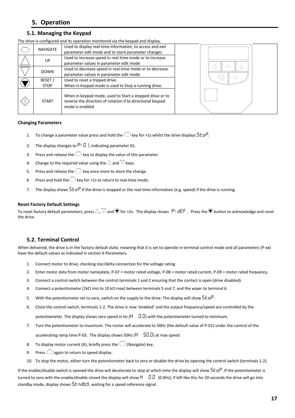 E 17, Managing the keypad, Terminal control | Operation | Beijer Electronics Industrial Inverter E2 User Manual | Page 17 / 32