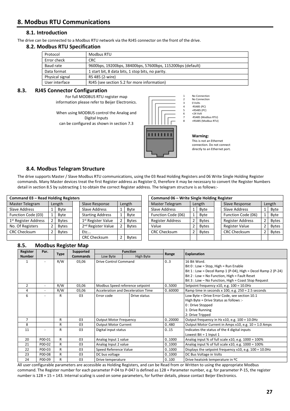 Modbus rtu communications, Introduction, Modbus rtu specification | Rj45 connector configuration, Modbus telegram structure, Modbus register map | Beijer Electronics Industrial Inverter E2 User Manual | Page 27 / 32