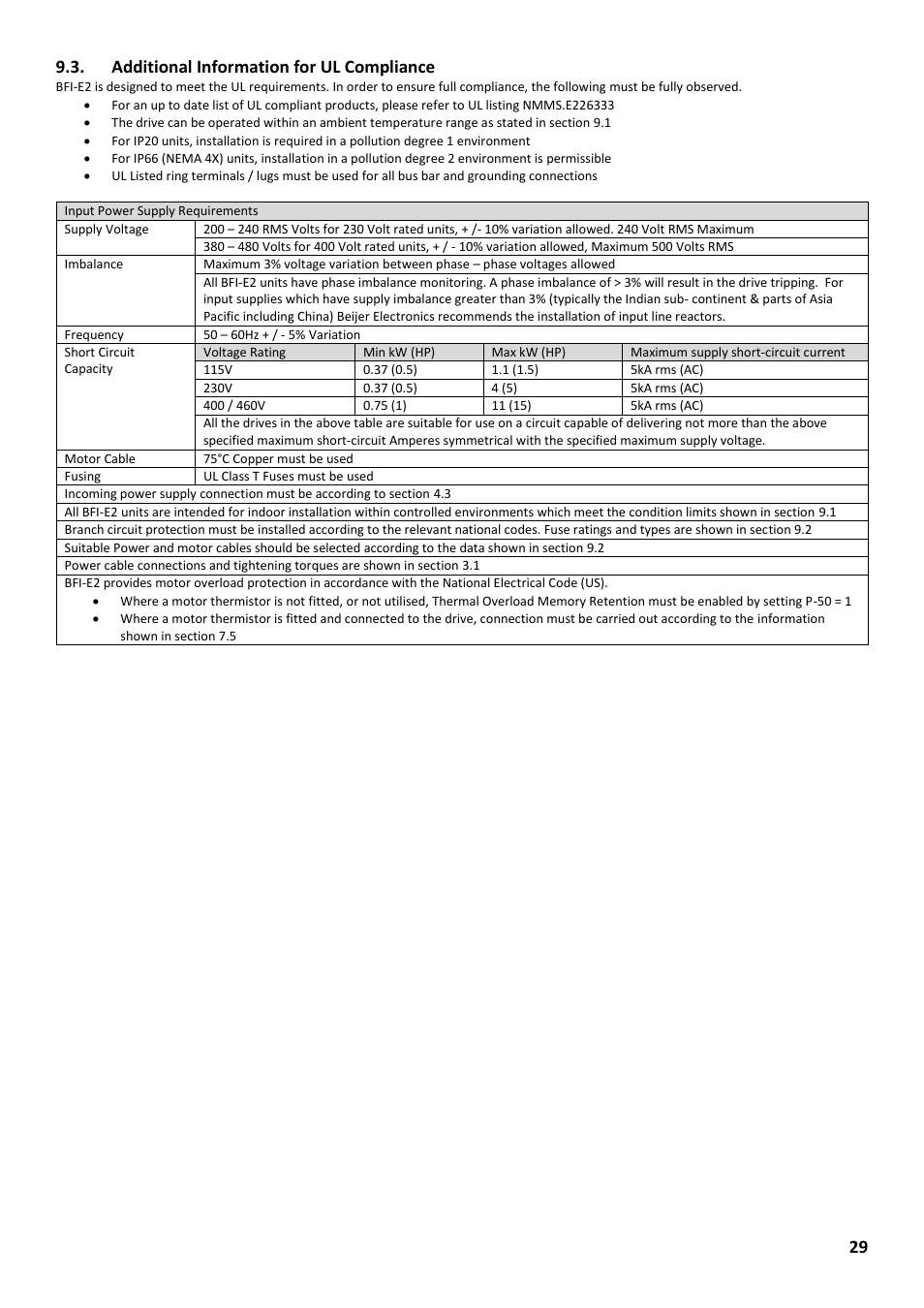 Additional information for ul compliance, 29 9.3. additional information for ul compliance | Beijer Electronics Industrial Inverter E2 User Manual | Page 29 / 32