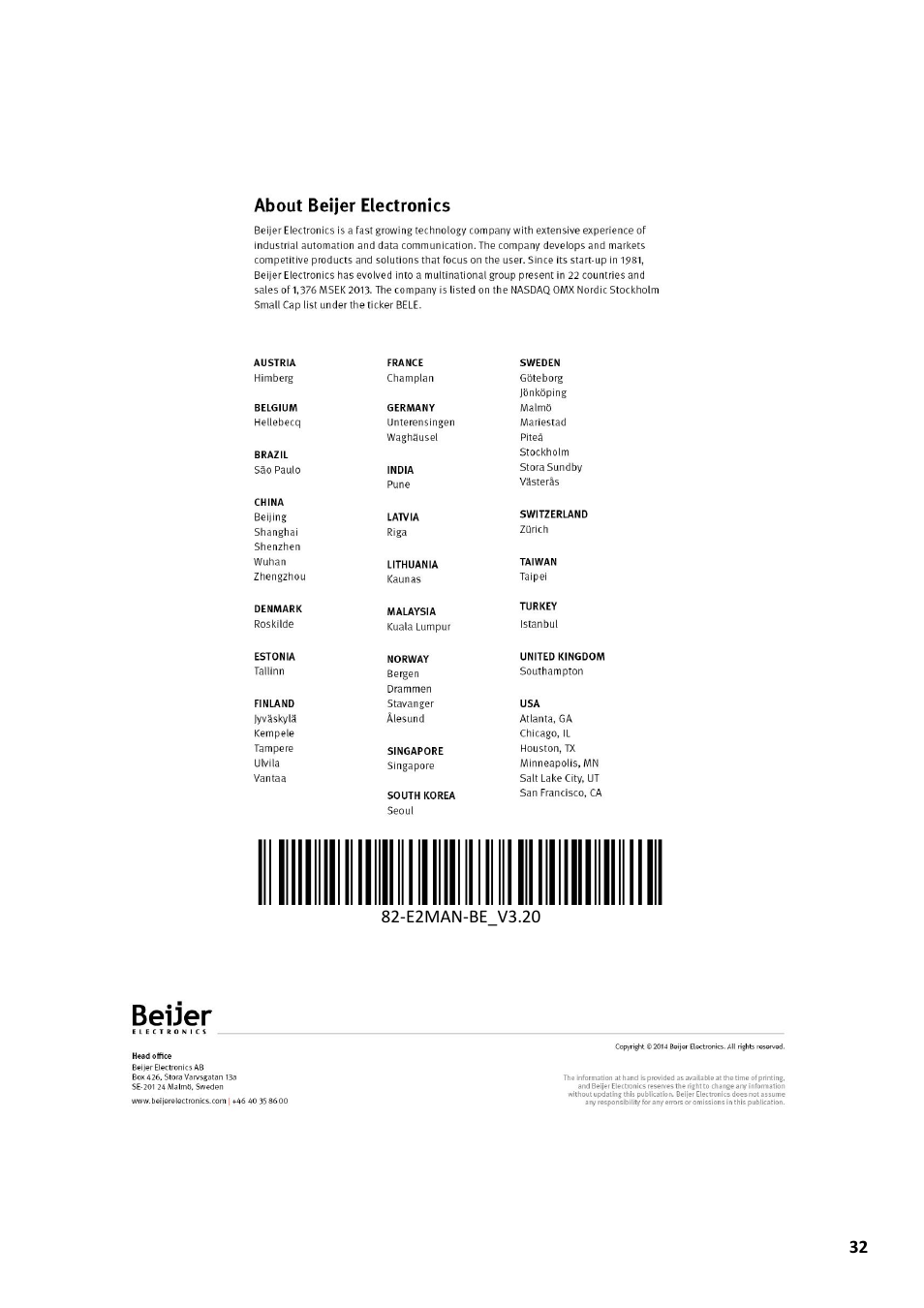 Beijer Electronics Industrial Inverter E2 User Manual | Page 32 / 32