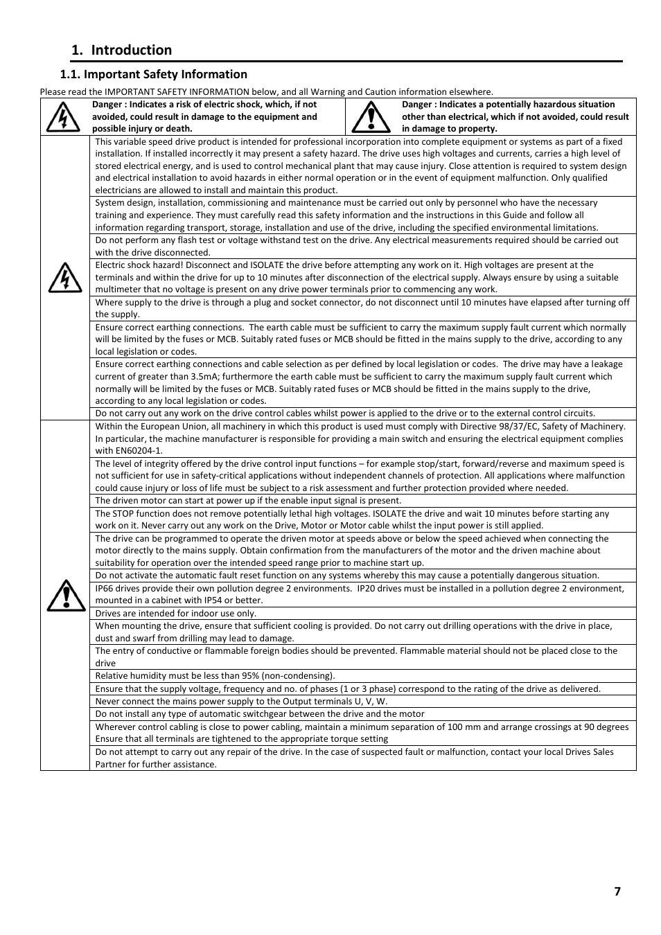 Introduction, Important safety information | Beijer Electronics Industrial Inverter E2 User Manual | Page 7 / 32