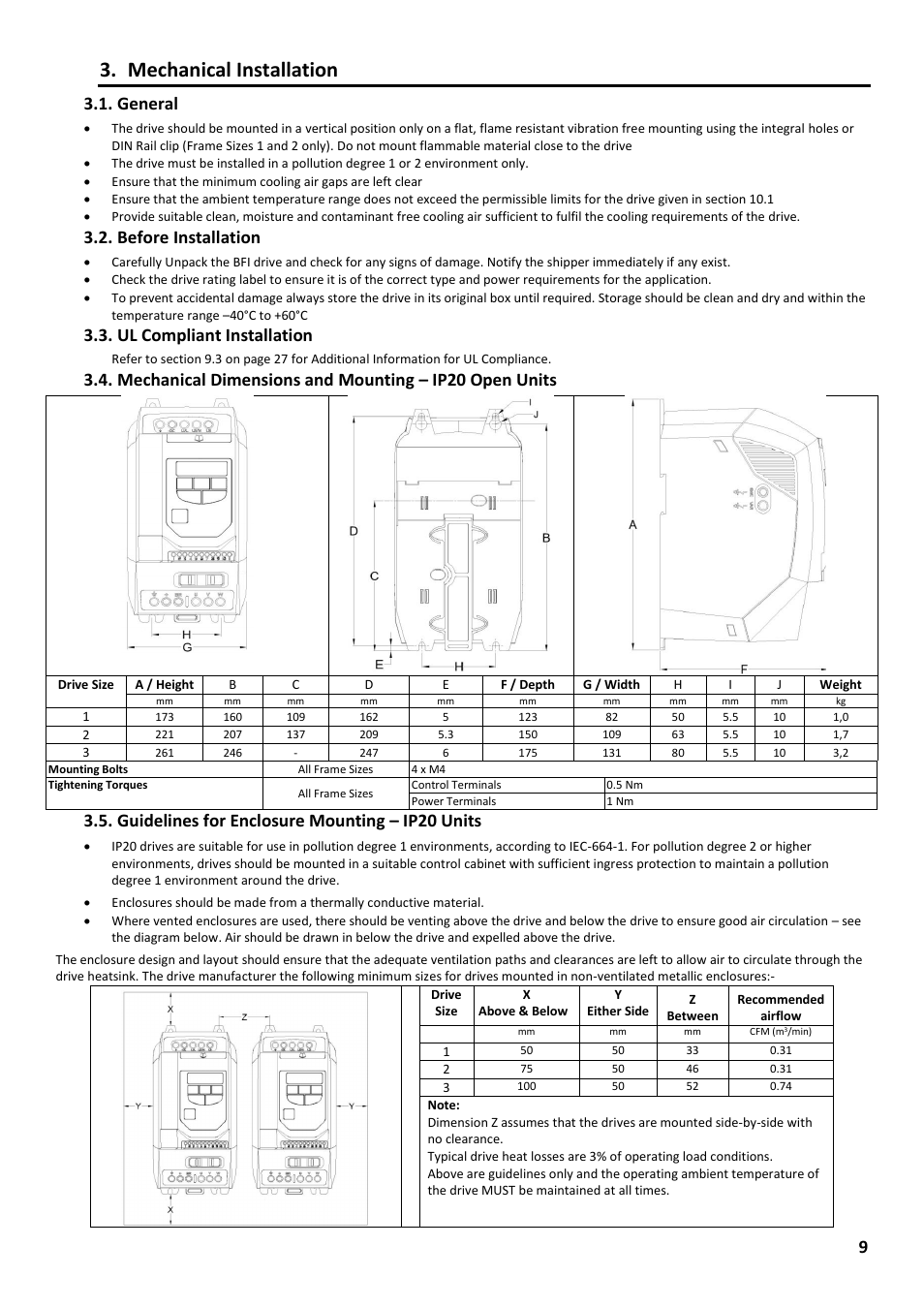 Mechanical installation, General, Before installation | Ul compliant installation, Guidelines for enclosure mounting – ip20 units | Beijer Electronics Industrial Inverter E2 User Manual | Page 9 / 32