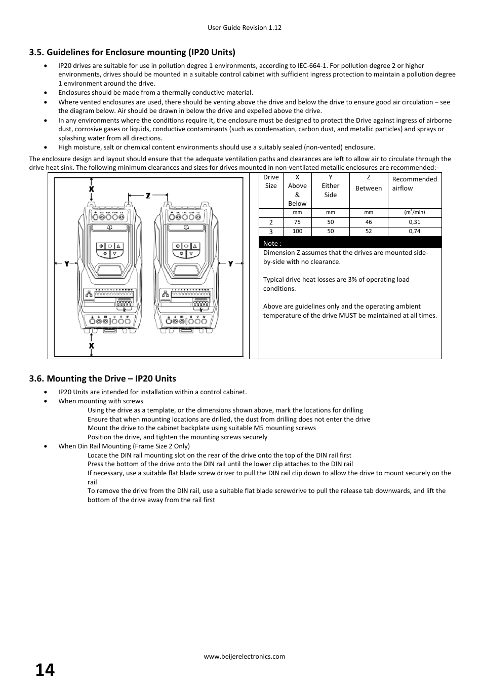 Guidelines for enclosure mounting (ip20 units), Mounting the drive – ip20 units | Beijer Electronics BFI-P2 V1.21 User Manual | Page 14 / 56