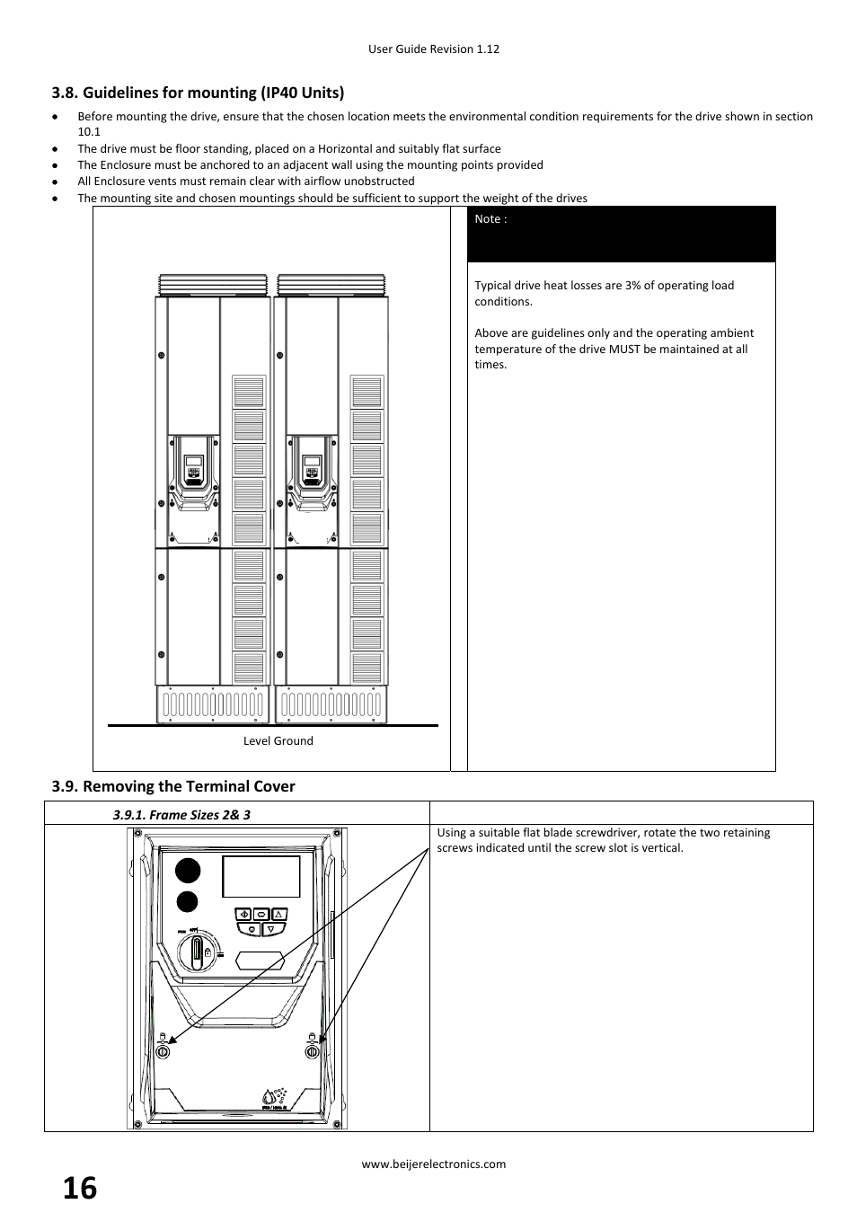 Guidelines for mounting (ip40 units), Removing the terminal cover | Beijer Electronics BFI-P2 V1.21 User Manual | Page 16 / 56
