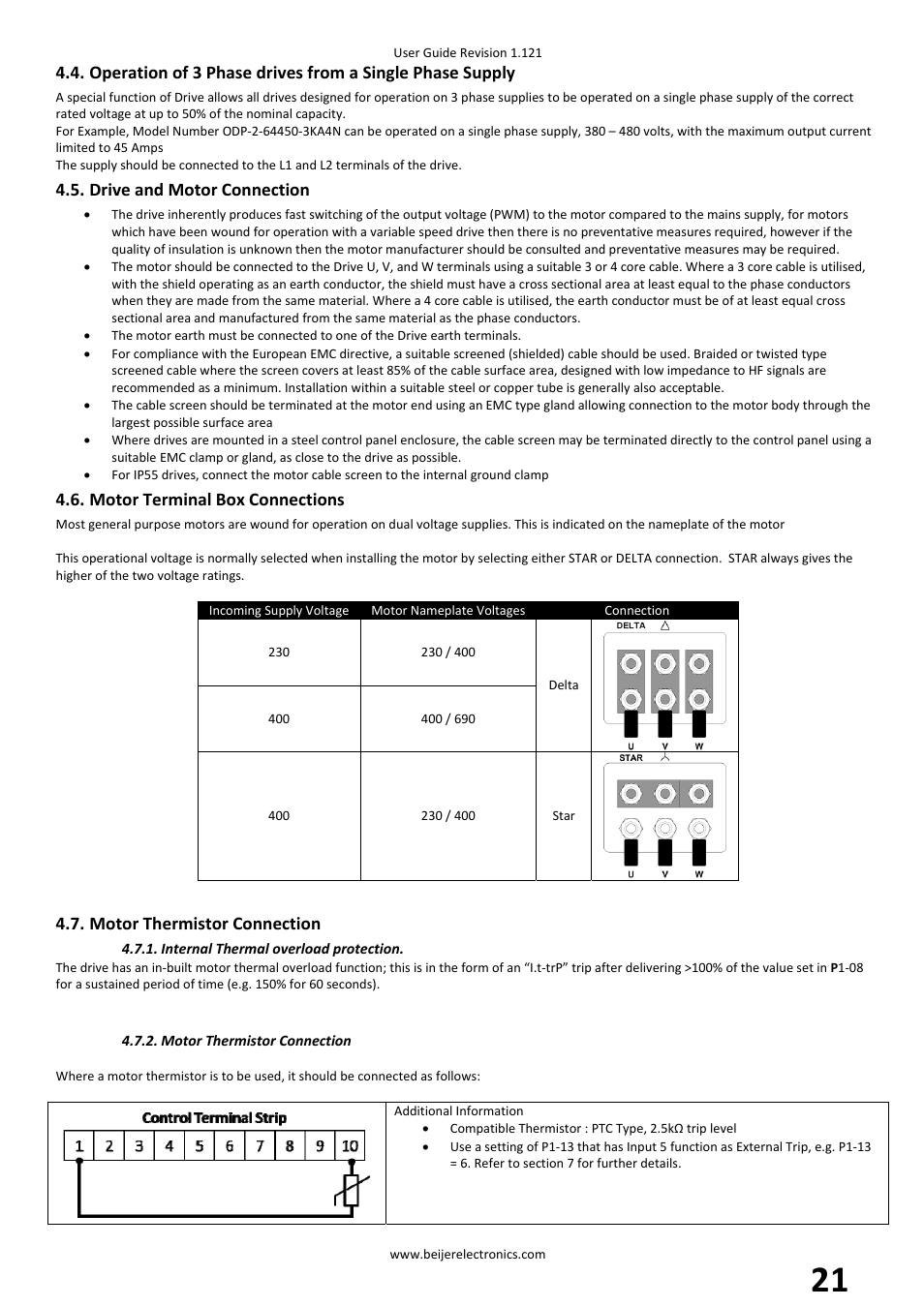 Drive and motor connection, Motor terminal box connections, Motor thermistor connection | Beijer Electronics BFI-P2 V1.21 User Manual | Page 21 / 56