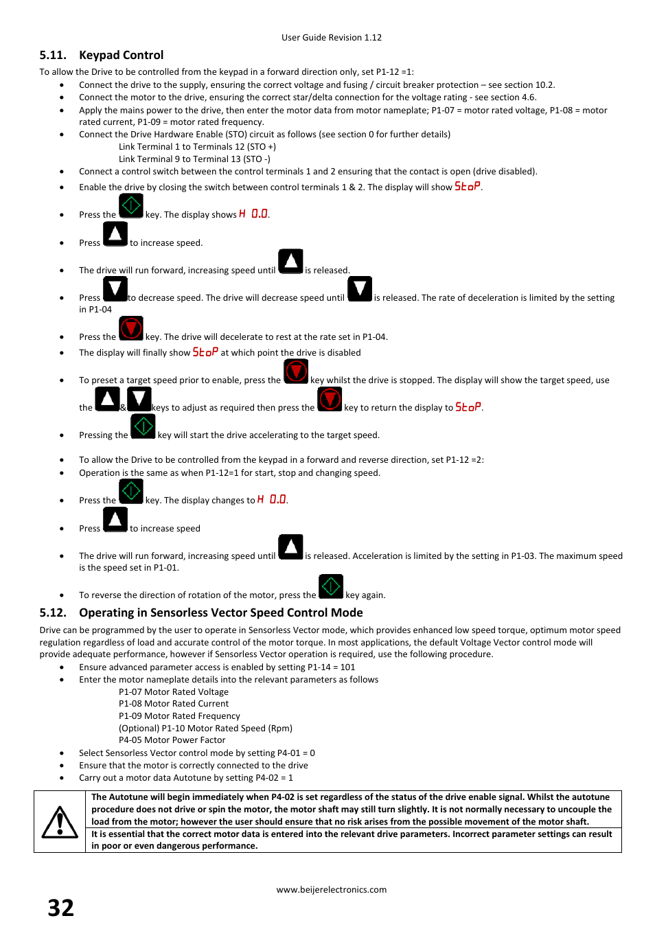 Keypad control, Operating in sensorless vector speed control mode | Beijer Electronics BFI-P2 V1.21 User Manual | Page 32 / 56