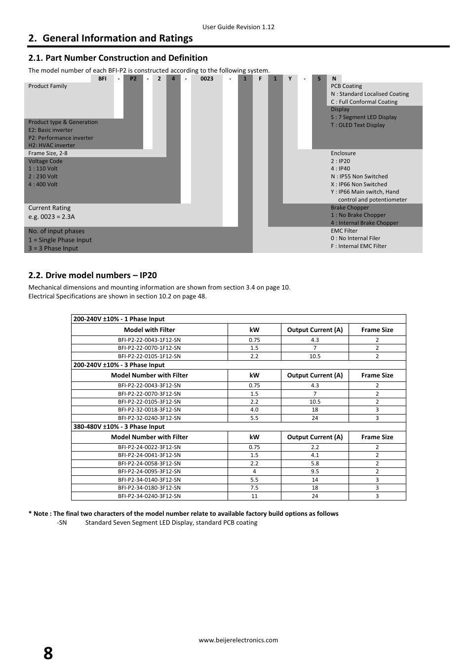 General information and ratings, Part number construction and definition, Drive model numbers – ip20 | Beijer Electronics BFI-P2 V1.21 User Manual | Page 8 / 56