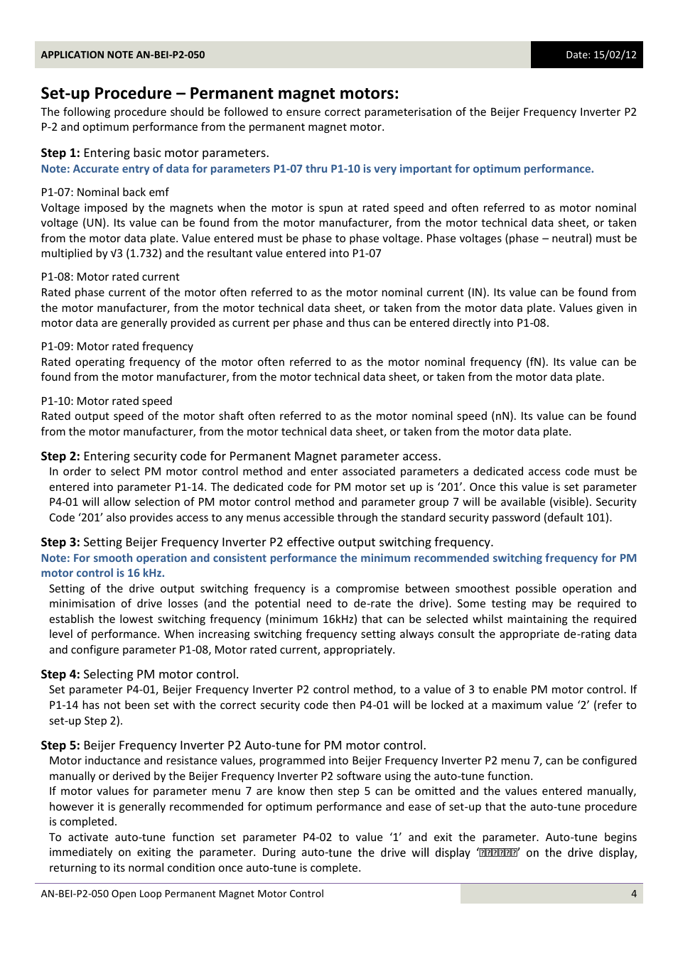 Set-up procedure – permanent magnet motors, Step 1: entering basic motor parameters, Step 4: selecting pm motor control | Beijer Electronics AN-BEI-P2-050 User Manual | Page 4 / 9
