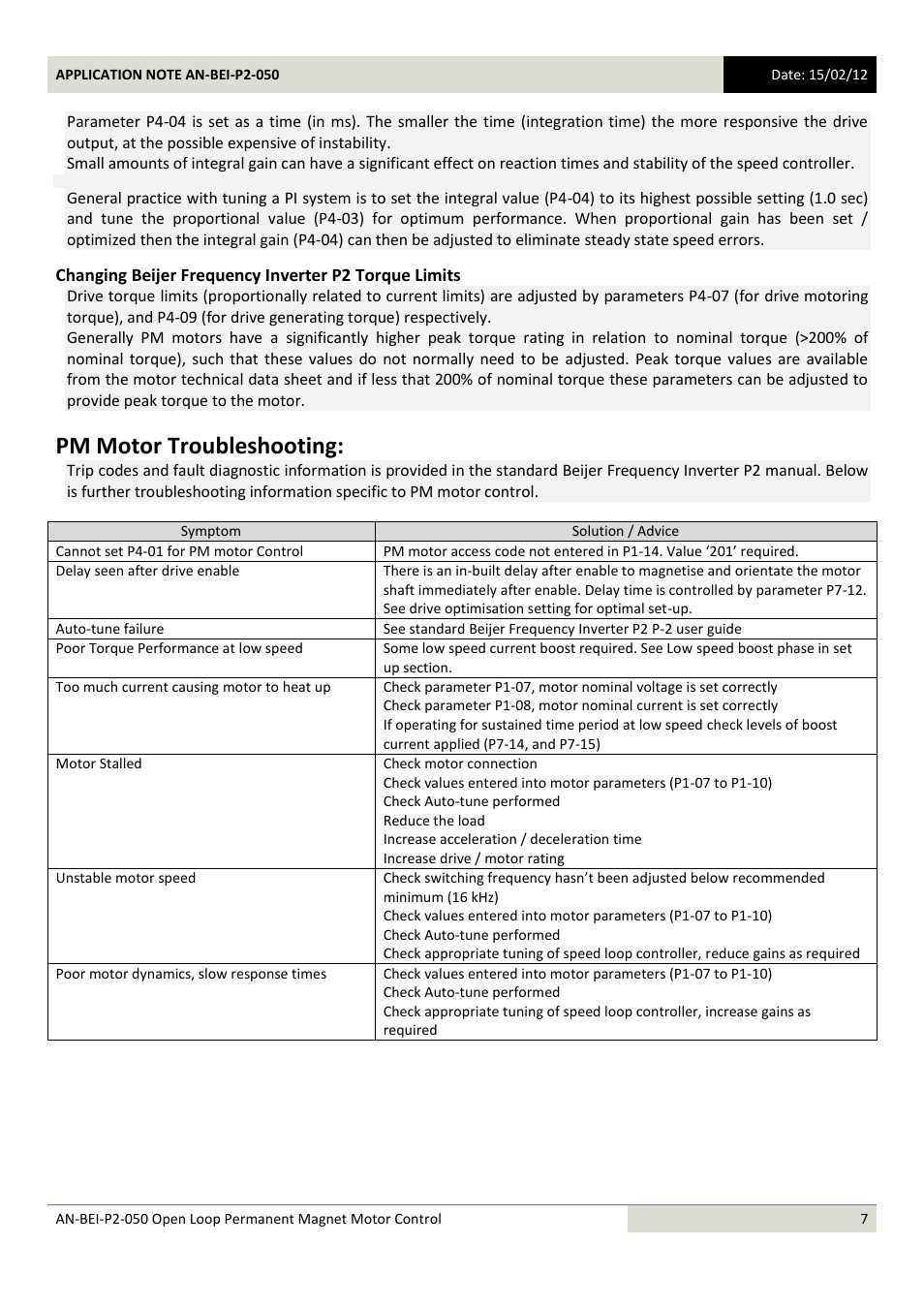 Pm motor troubleshooting | Beijer Electronics AN-BEI-P2-050 User Manual | Page 7 / 9