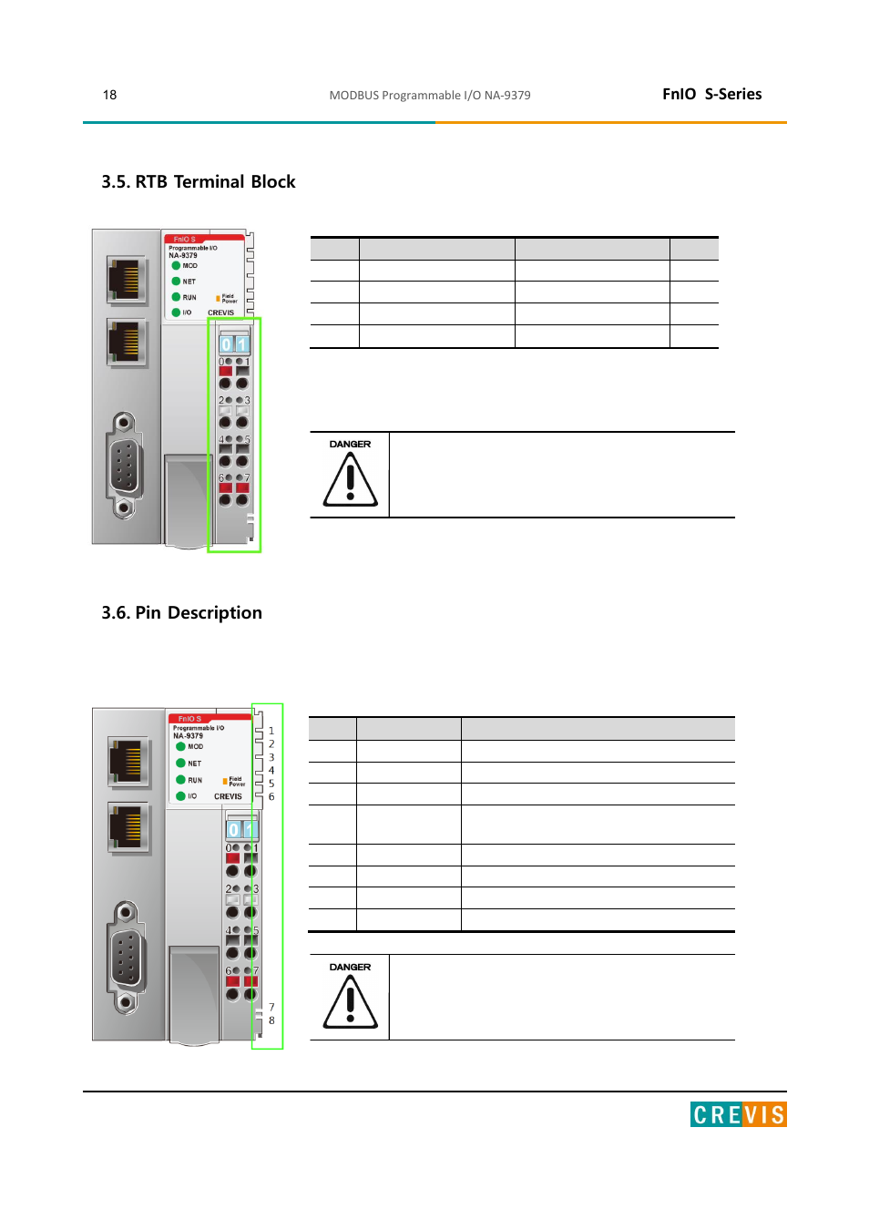 Rtb terminal block, Pin description, Fnio s-series | Beijer Electronics NA-9379 User Manual | Page 18 / 86