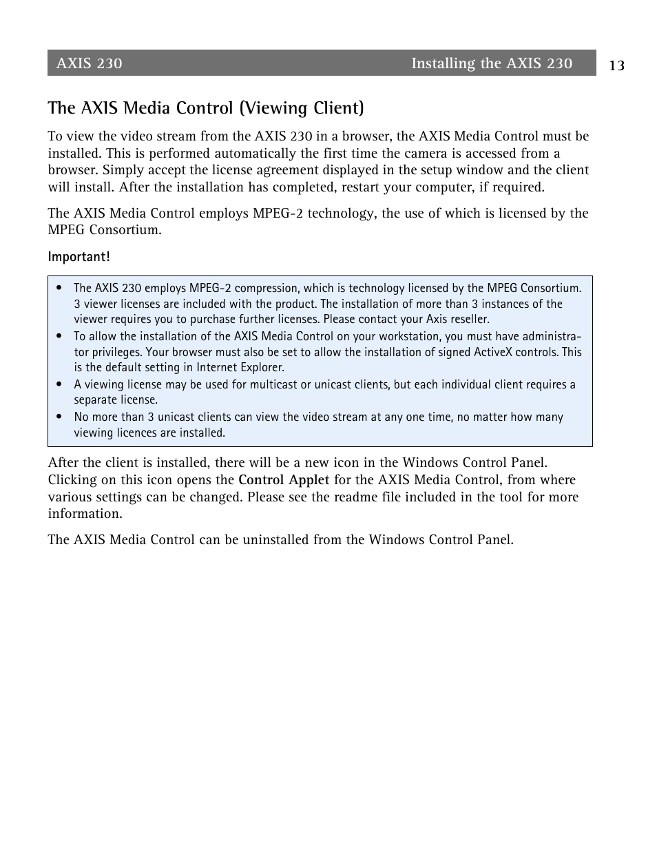 The axis media control (viewing client) | Axis Communications AXIS 230 User Manual | Page 13 / 62