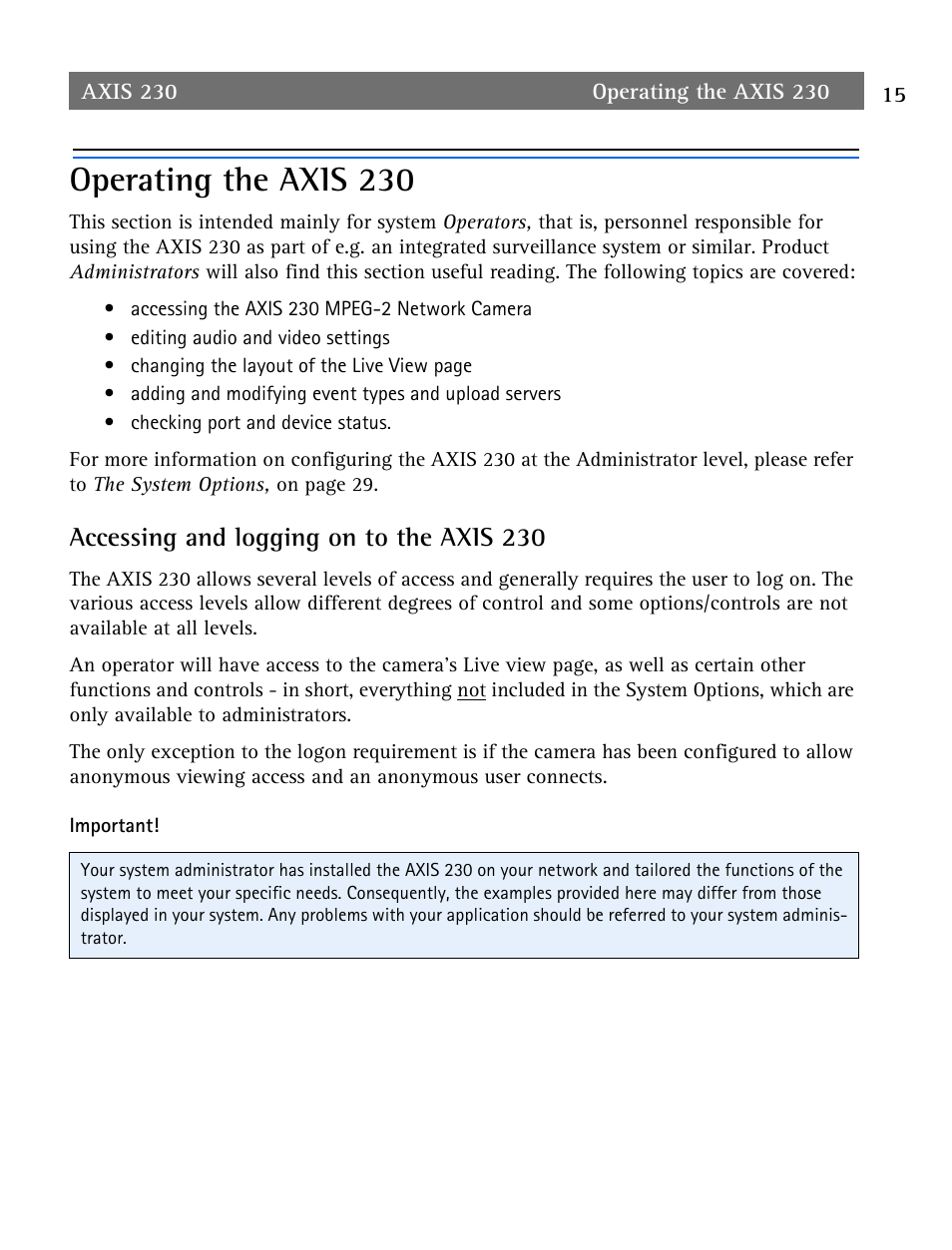 Operating the axis 230, Accessing and logging on to the axis 230, Operating the axis 230 15 | Axis Communications AXIS 230 User Manual | Page 15 / 62