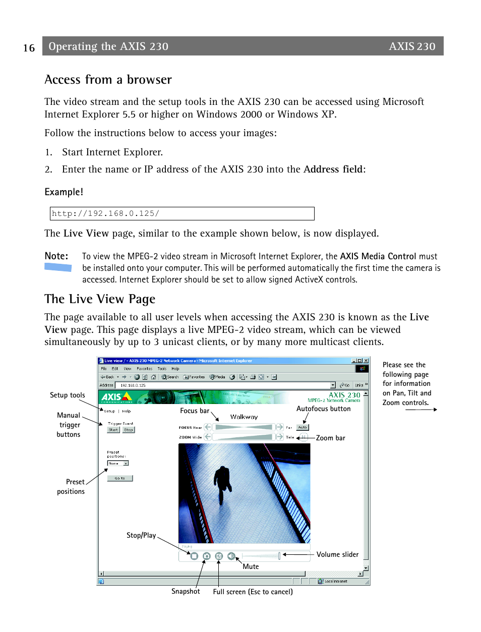 Access from a browser, The live view page, Operating the axis 230 | Axis Communications AXIS 230 User Manual | Page 16 / 62