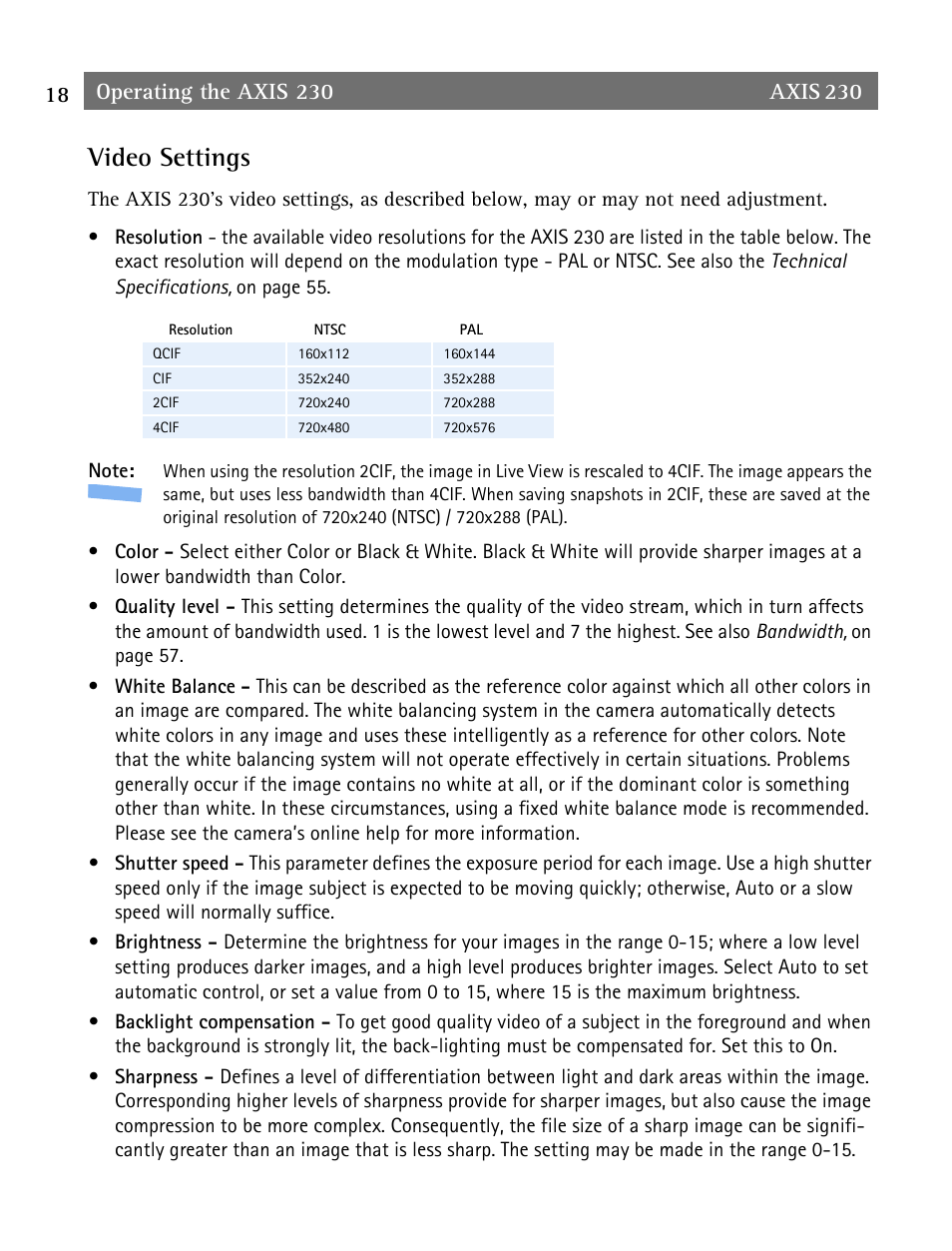 Video settings, Operating the axis 230 | Axis Communications AXIS 230 User Manual | Page 18 / 62