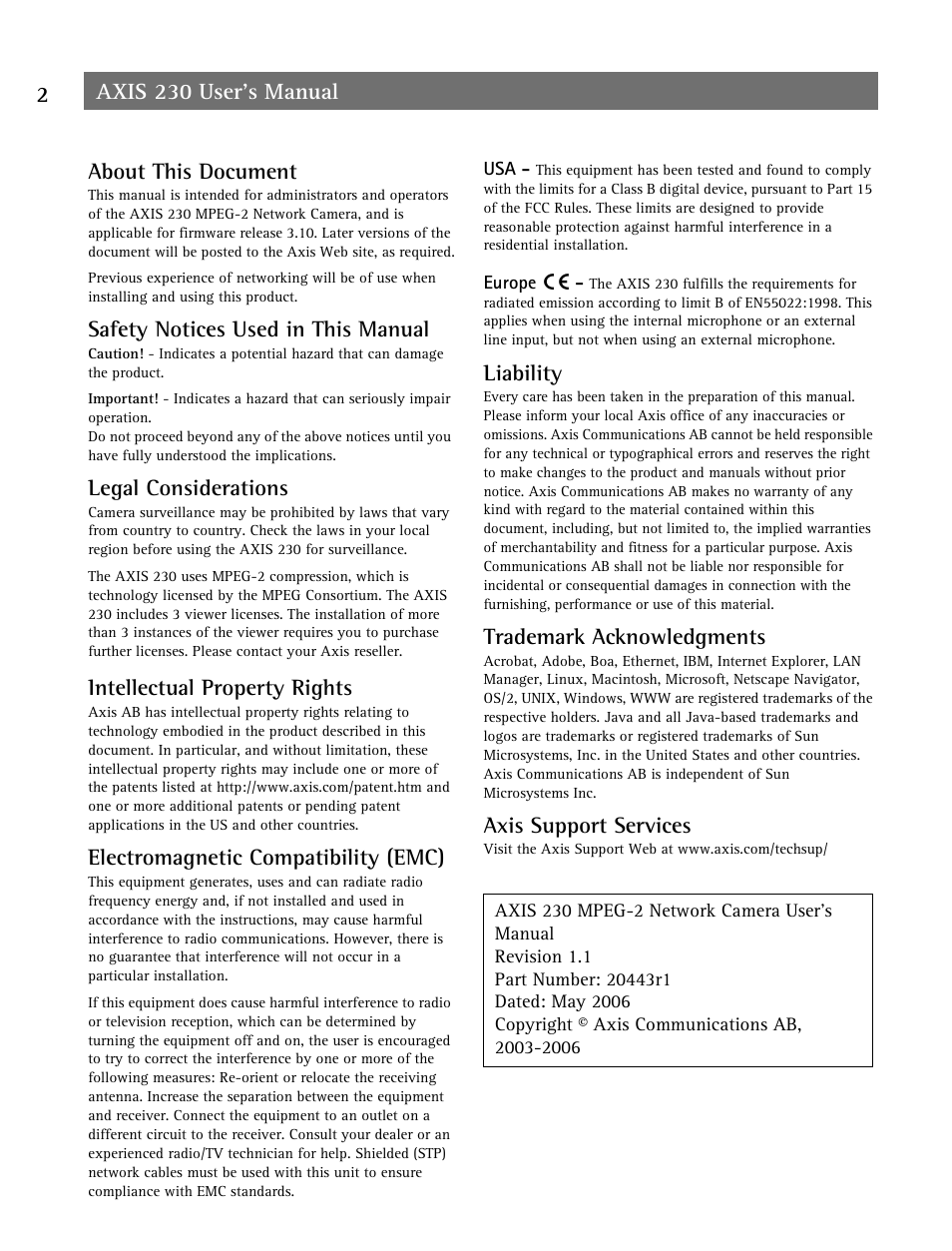 Axis 230 user’s manual 2 about this document, Safety notices used in this manual, Legal considerations | Intellectual property rights, Electromagnetic compatibility (emc), Liability, Trademark acknowledgments, Axis support services | Axis Communications AXIS 230 User Manual | Page 2 / 62
