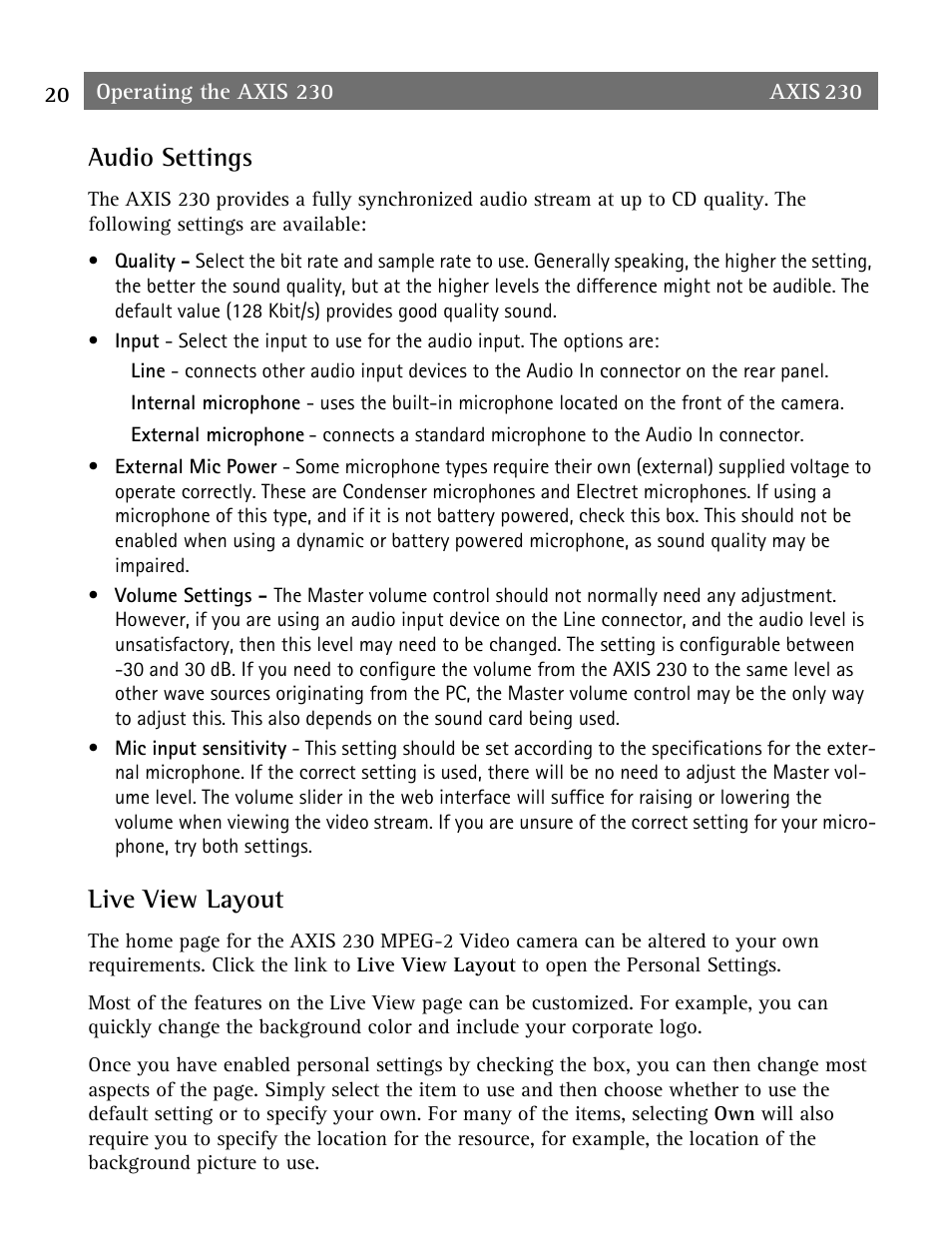 Audio settings, Live view layout | Axis Communications AXIS 230 User Manual | Page 20 / 62