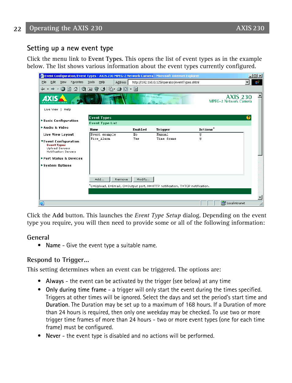 Setting up a new event type | Axis Communications AXIS 230 User Manual | Page 22 / 62