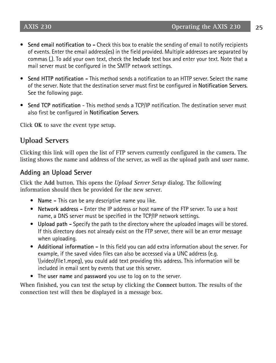 Upload servers, Adding an upload server | Axis Communications AXIS 230 User Manual | Page 25 / 62