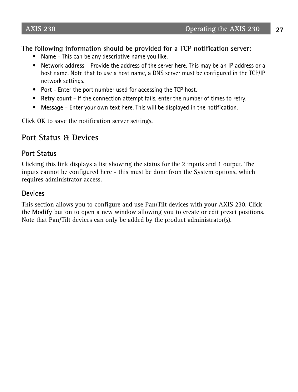 Port status & devices | Axis Communications AXIS 230 User Manual | Page 27 / 62