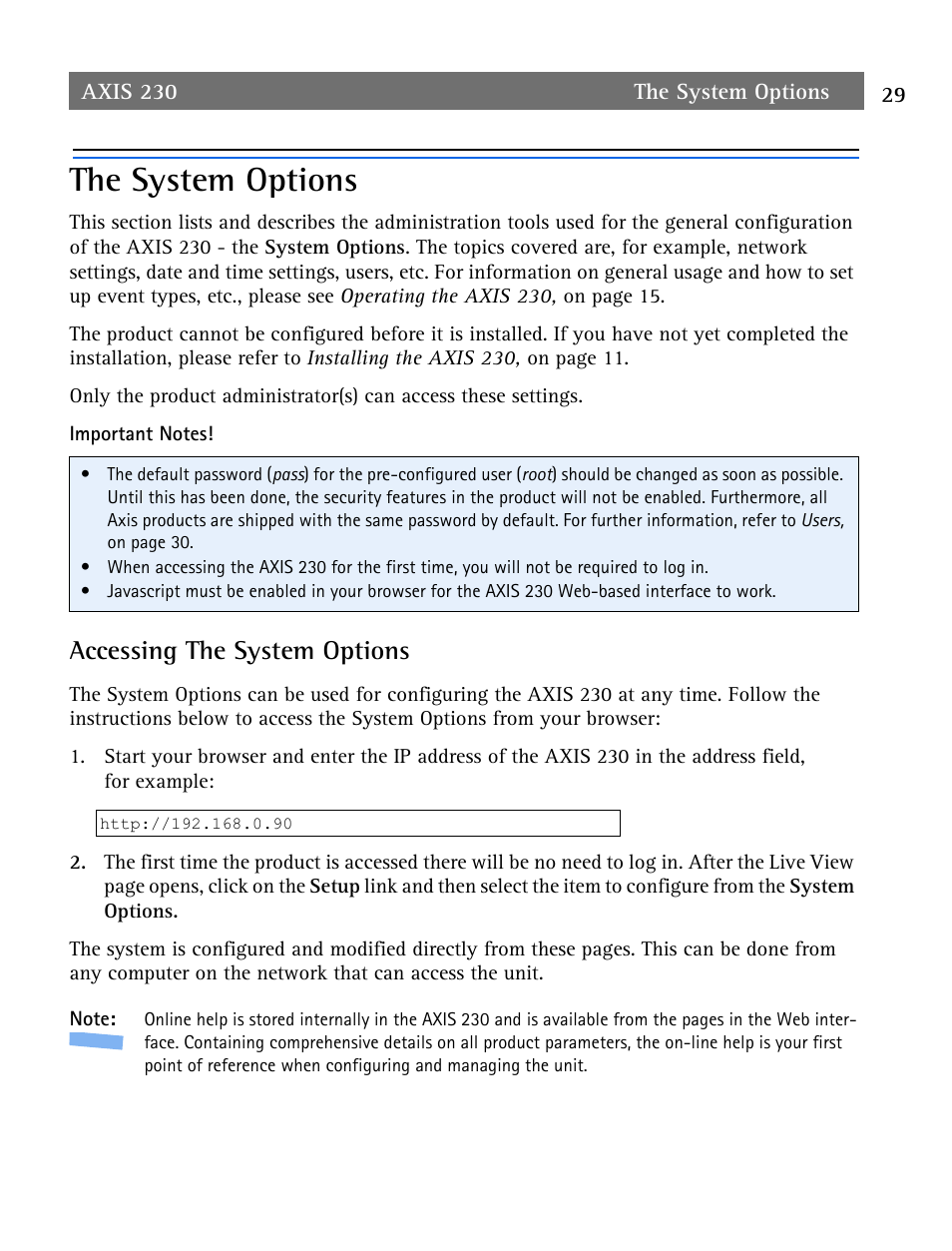 The system options, The system options 29, Accessing the system options | Axis Communications AXIS 230 User Manual | Page 29 / 62