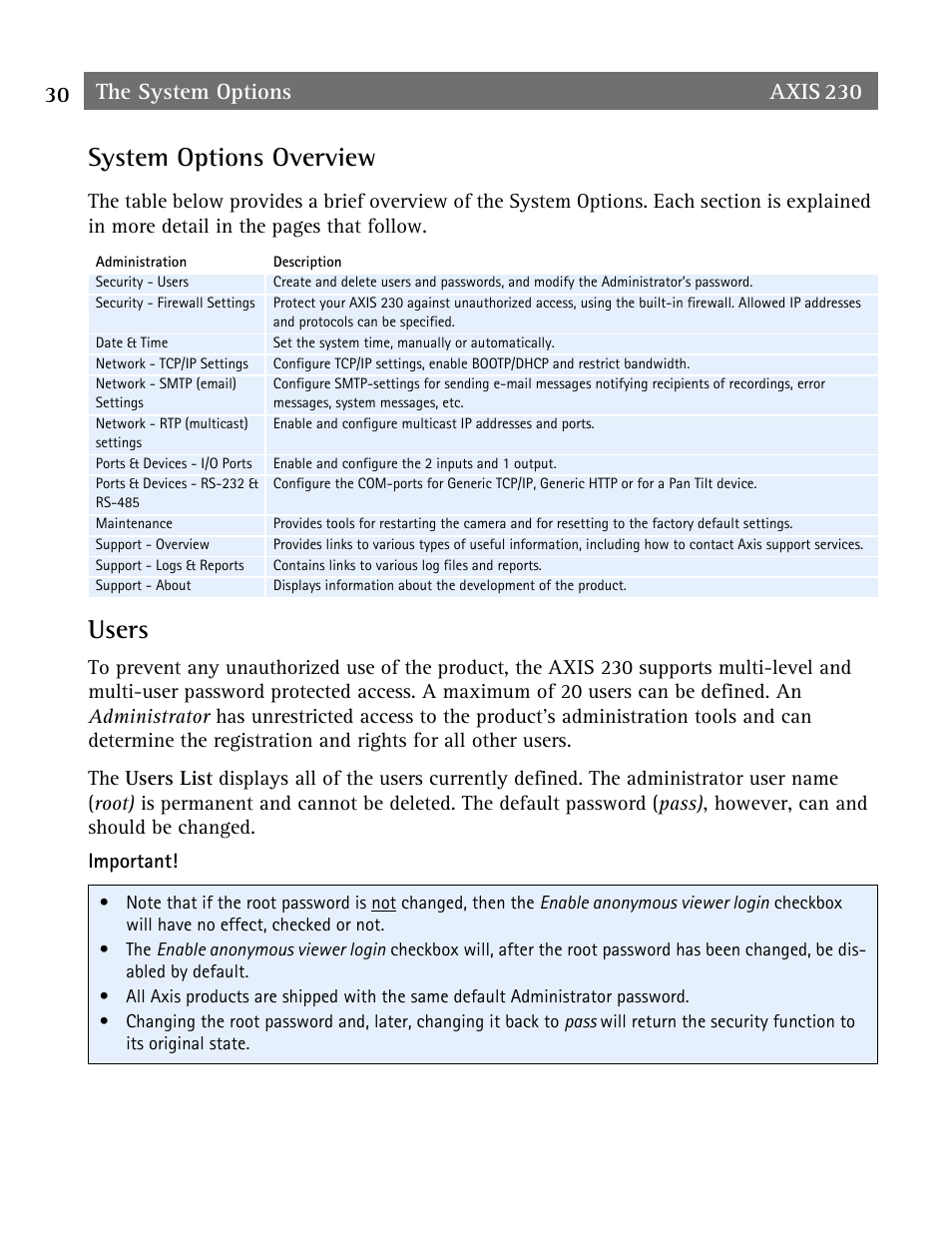 Users, System options overview, The system options | Axis Communications AXIS 230 User Manual | Page 30 / 62