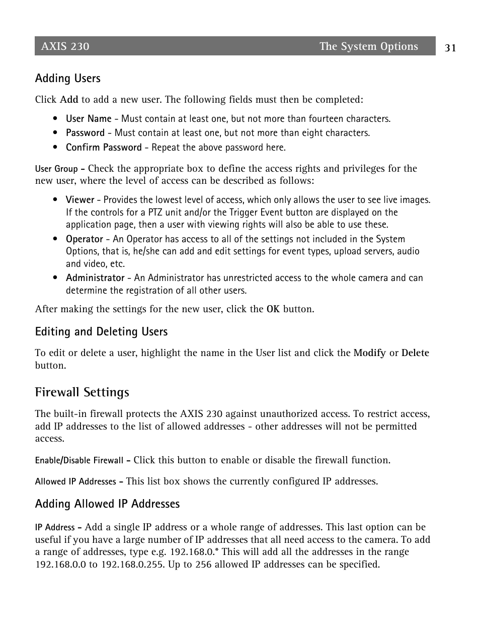 Firewall settings, Adding users, Editing and deleting users | Adding allowed ip addresses | Axis Communications AXIS 230 User Manual | Page 31 / 62