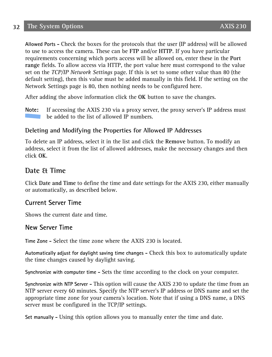Date & time, Current server time, New server time | Axis Communications AXIS 230 User Manual | Page 32 / 62