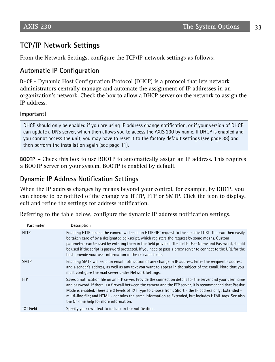 Tcp/ip network settings, Automatic ip configuration, Dynamic ip address notification settings | Axis Communications AXIS 230 User Manual | Page 33 / 62