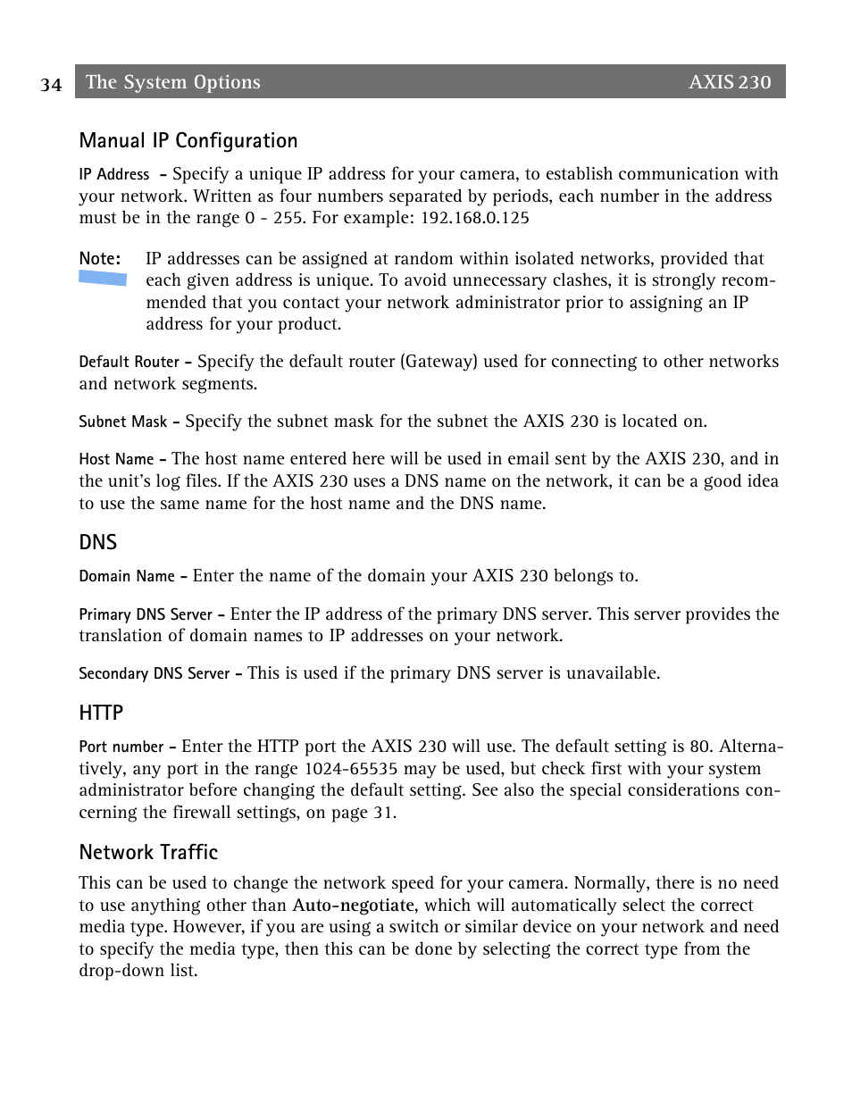 Manual ip configuration, Network traffic | Axis Communications AXIS 230 User Manual | Page 34 / 62