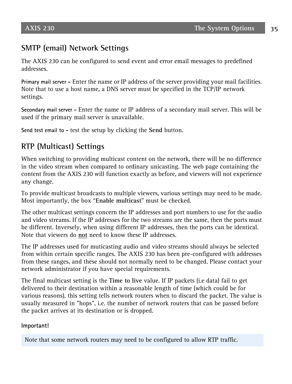 Smtp (email) network settings, Rtp (multicast) settings | Axis Communications AXIS 230 User Manual | Page 35 / 62