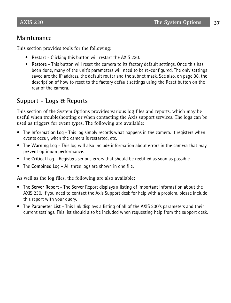 Maintenance, Support - logs & reports | Axis Communications AXIS 230 User Manual | Page 37 / 62
